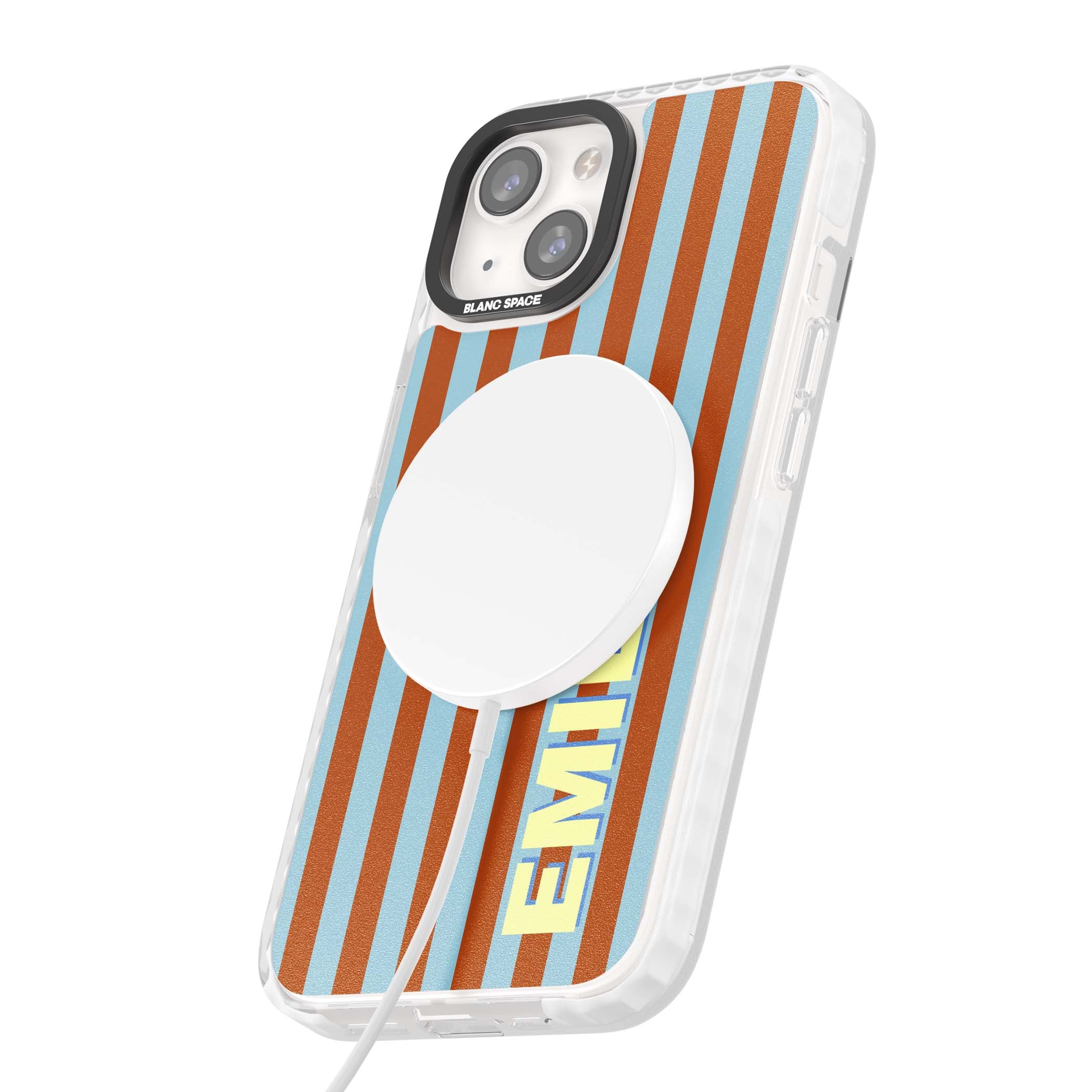 Cappadocia Stripe personalised coastal iPhone case featuring blue and orange vertical stripes with custom cream name | Impact Magsafe case for iPhone 13, iPhone 14, iPhone 15
