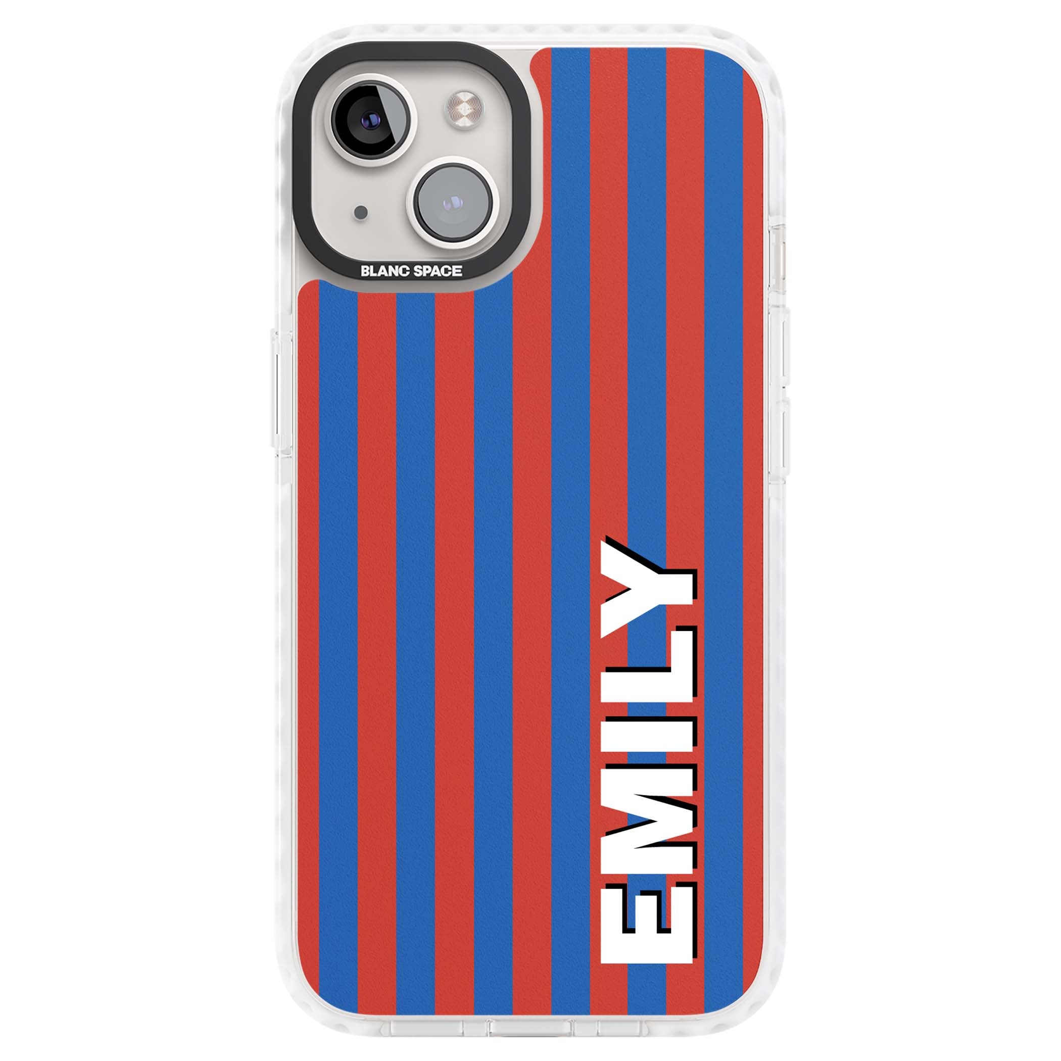 Cuban Stripe personalised iPhone case featuring red and blue vertical stripes with custom name in bold white letters | Impact Magsafe case for iPhone 13, iPhone 14, iPhone 15