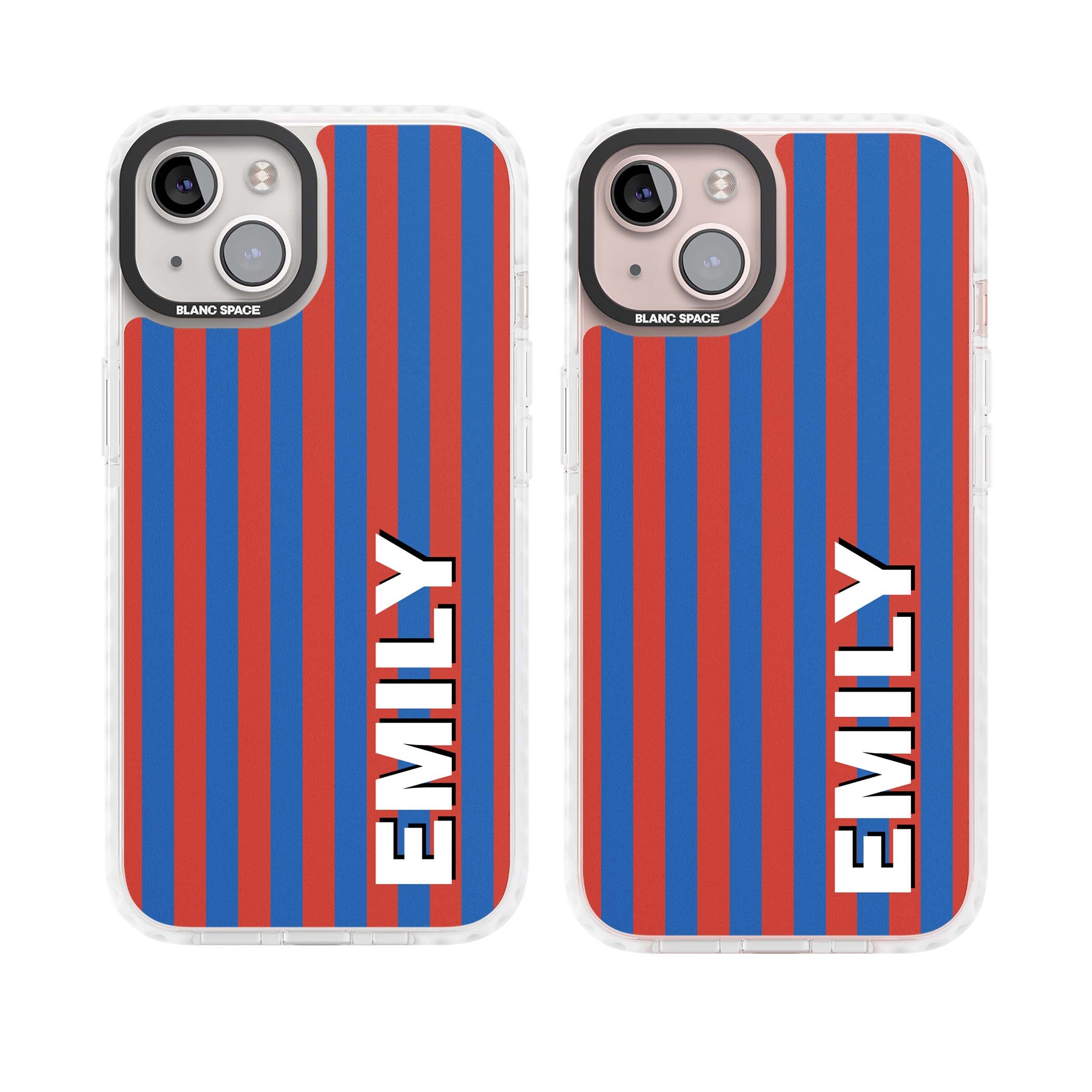 Cuban Stripe personalised iPhone case featuring red and blue vertical stripes with custom name in bold white letters | Impact Magsafe case for iPhone 13, iPhone 14, iPhone 15