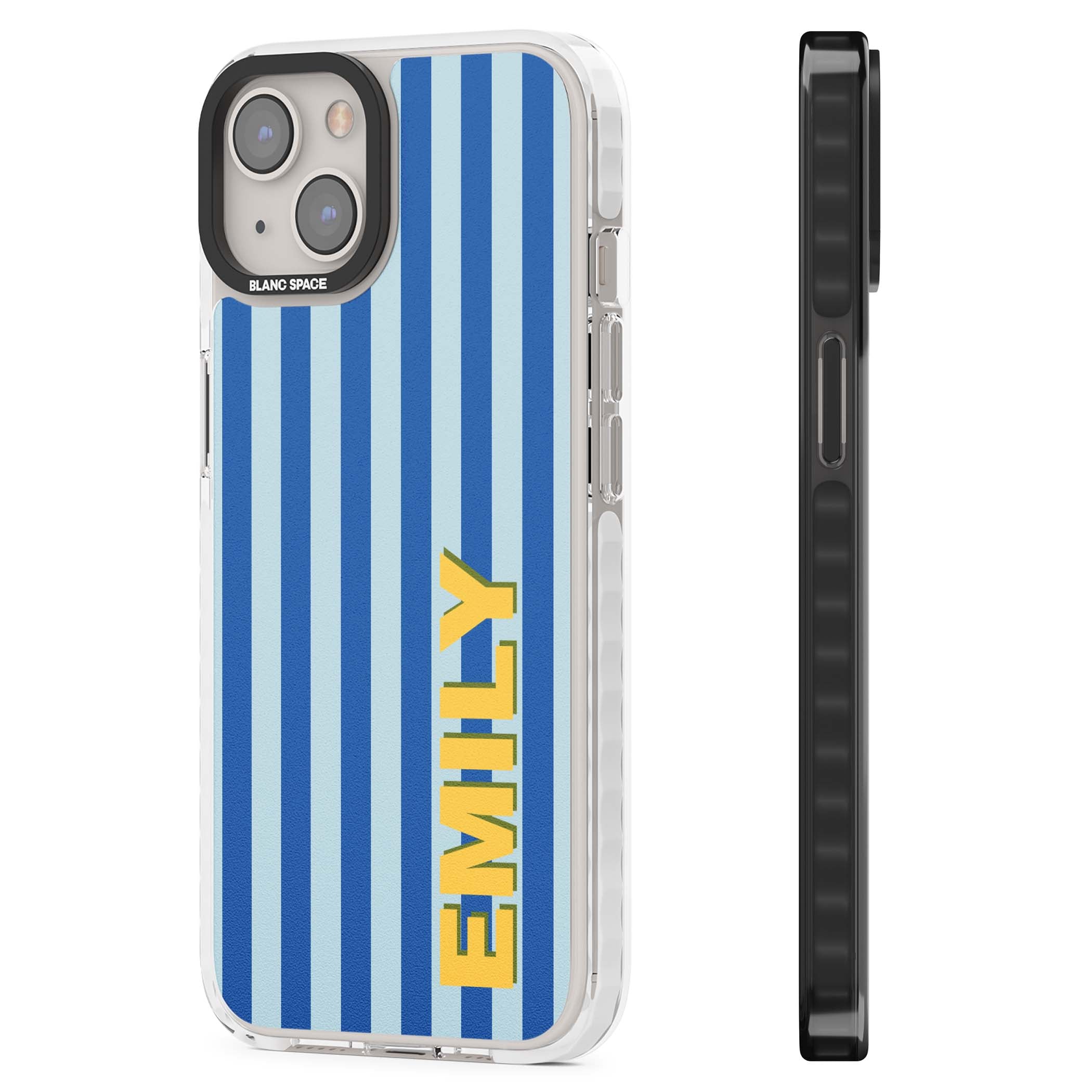 Athenian Stripe personalised preppy iPhone case featuring blue vertical stripes and a custom yellow name | Impact Magsafe case for iPhone 13, iPhone 14, iPhone 15