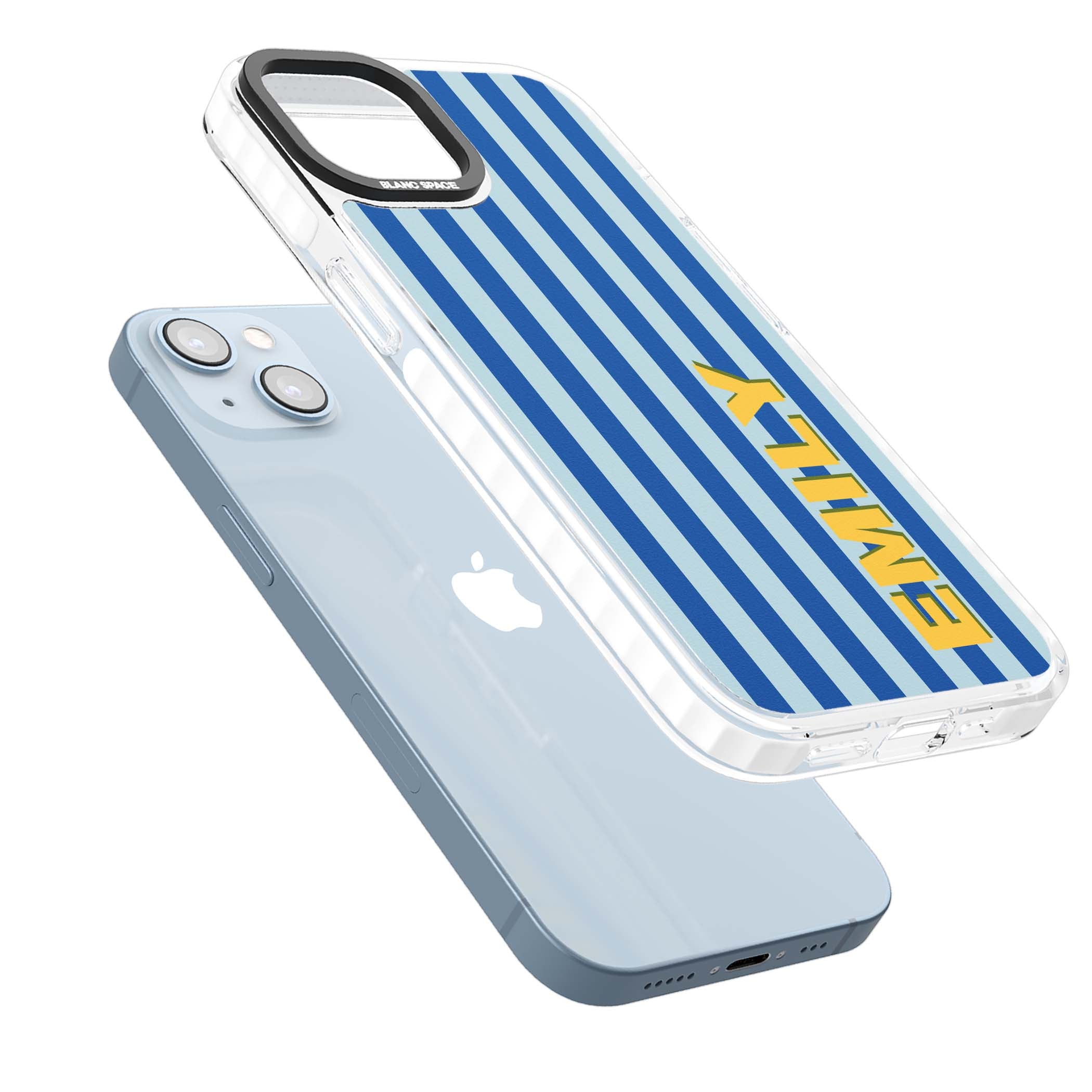 Athenian Stripe personalised preppy iPhone case featuring blue vertical stripes and a custom yellow name | Impact Magsafe case for iPhone 13, iPhone 14, iPhone 15