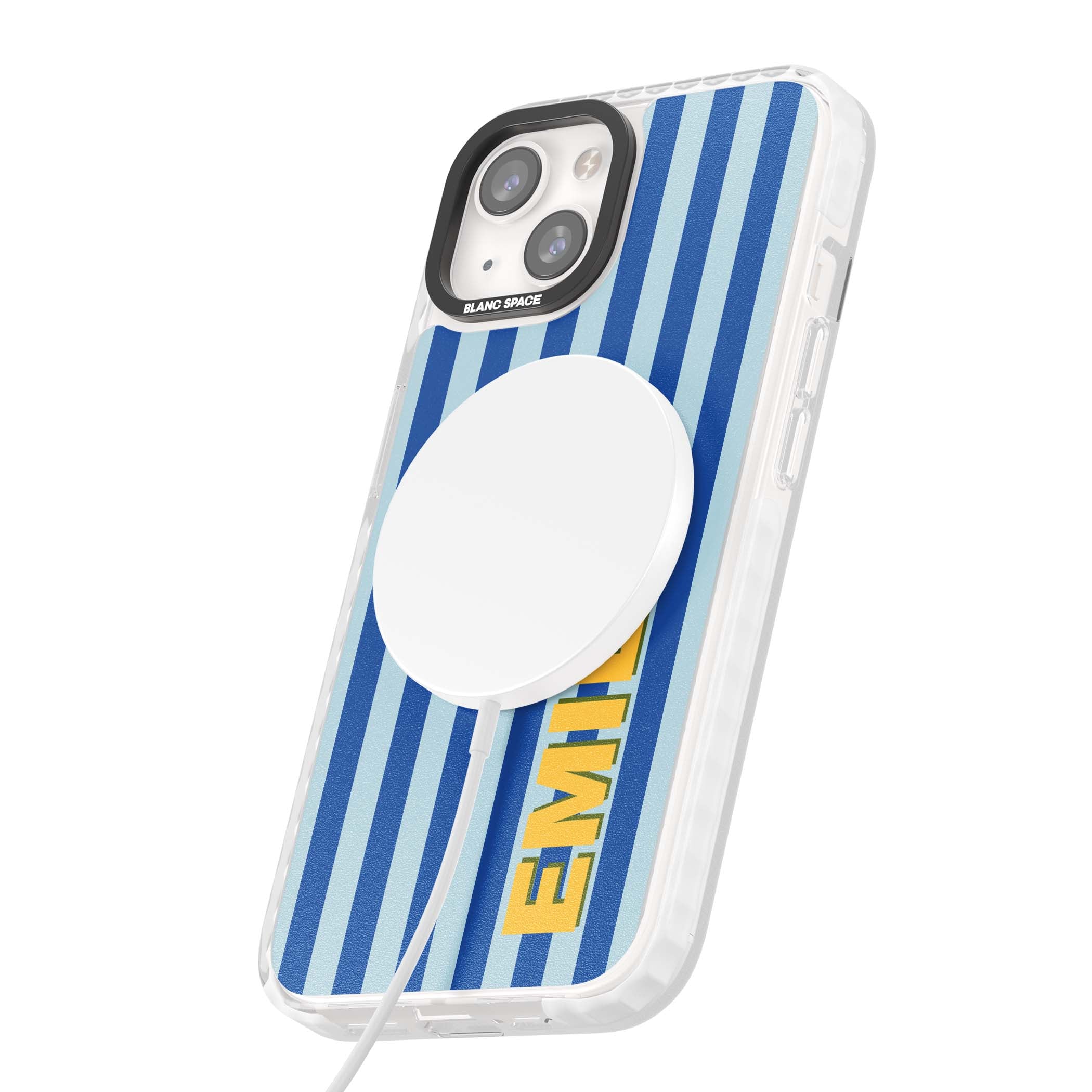 Athenian Stripe personalised preppy iPhone case featuring blue vertical stripes and a custom yellow name | Impact Magsafe case for iPhone 13, iPhone 14, iPhone 15