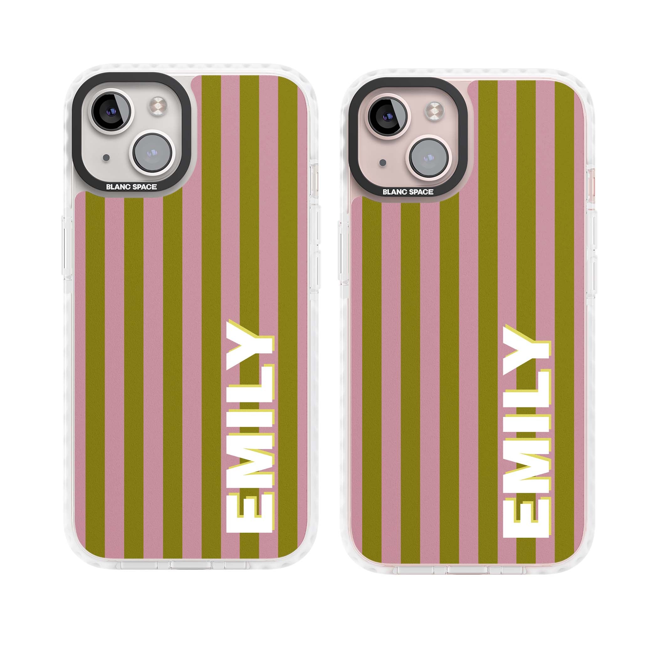 Istanbul Stripe personalised iPhone case featuring pink and olive green vertical stripes with a custom vertical name | Impact Magsafe case for iPhone 13, iPhone 14, iPhone 15