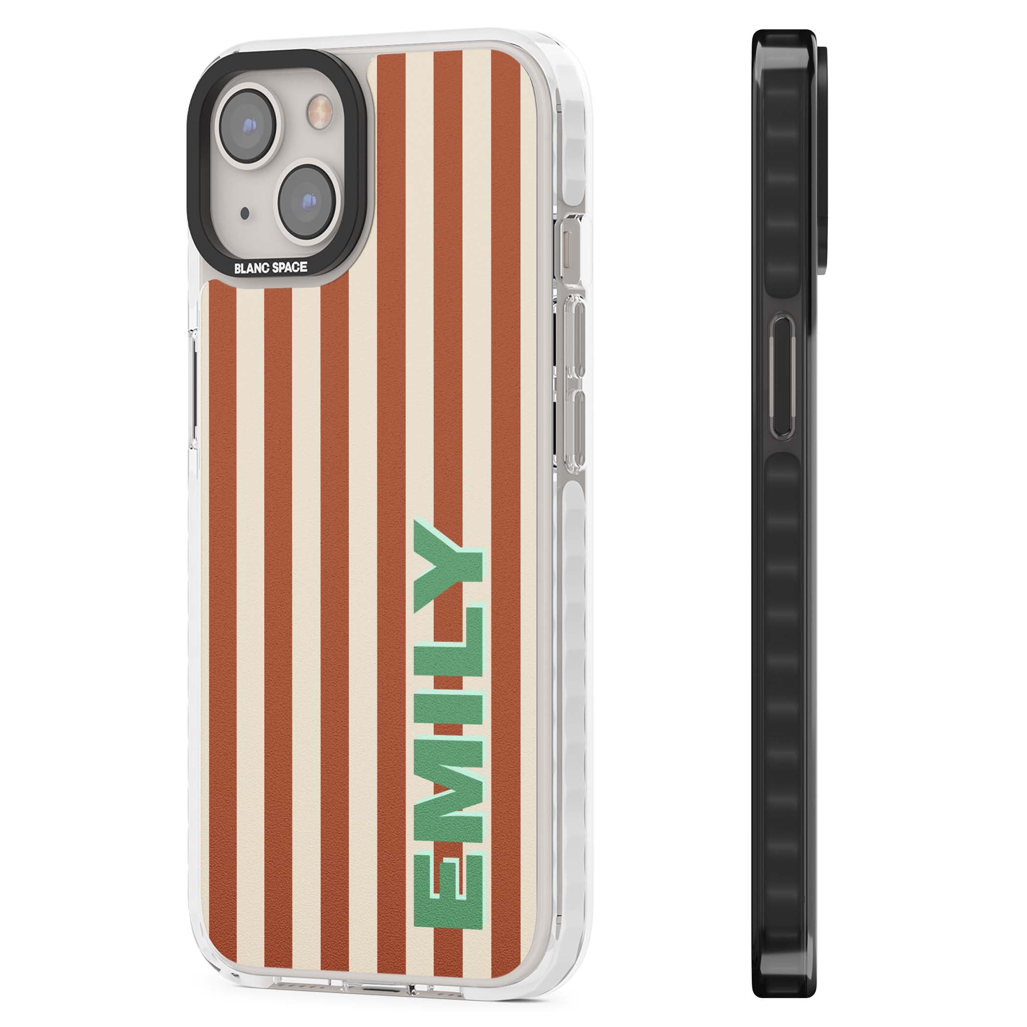 Dune Stripe personalised iPhone case with rust and cream vertical stripes and custom name in mint green | Impact Magsafe case for iPhone 13, iPhone 14, iPhone 15
