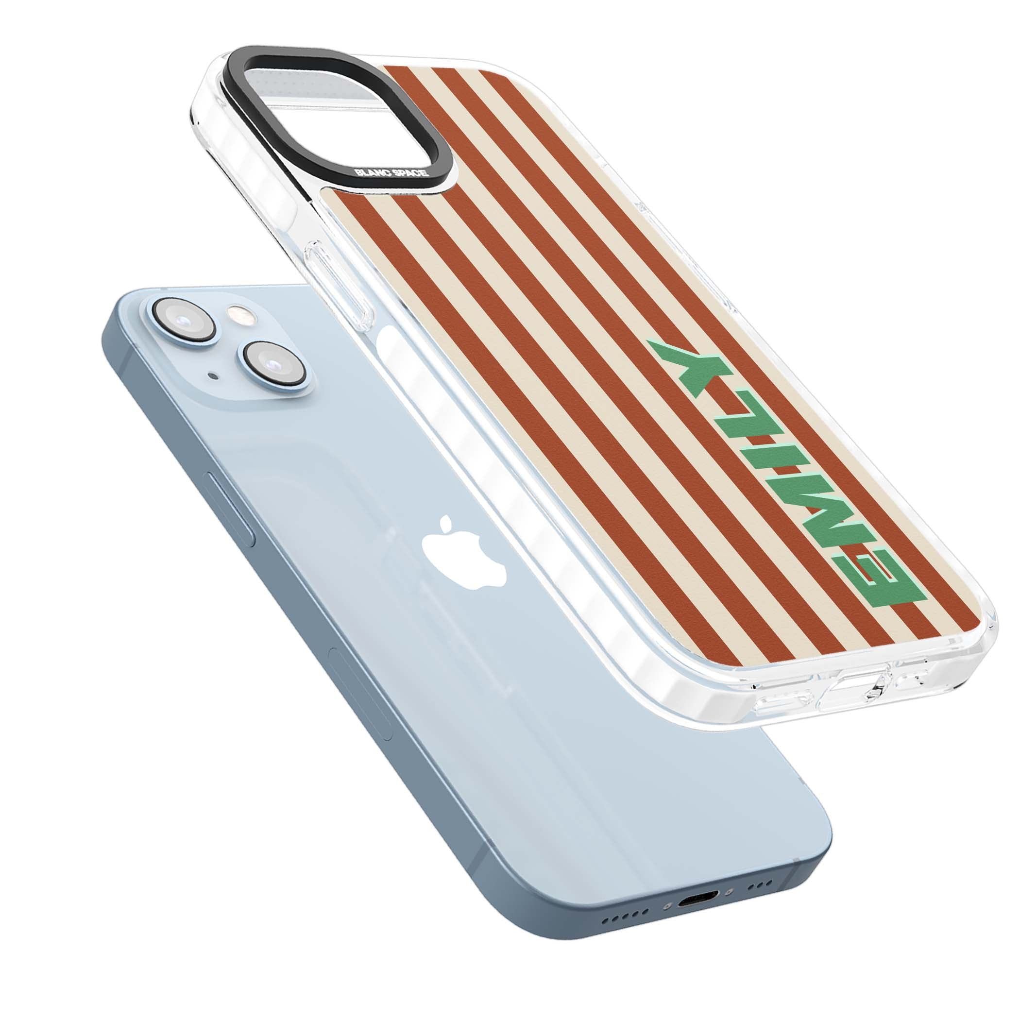 Dune Stripe personalised iPhone case with rust and cream vertical stripes and custom name in mint green | Impact Magsafe case for iPhone 13, iPhone 14, iPhone 15