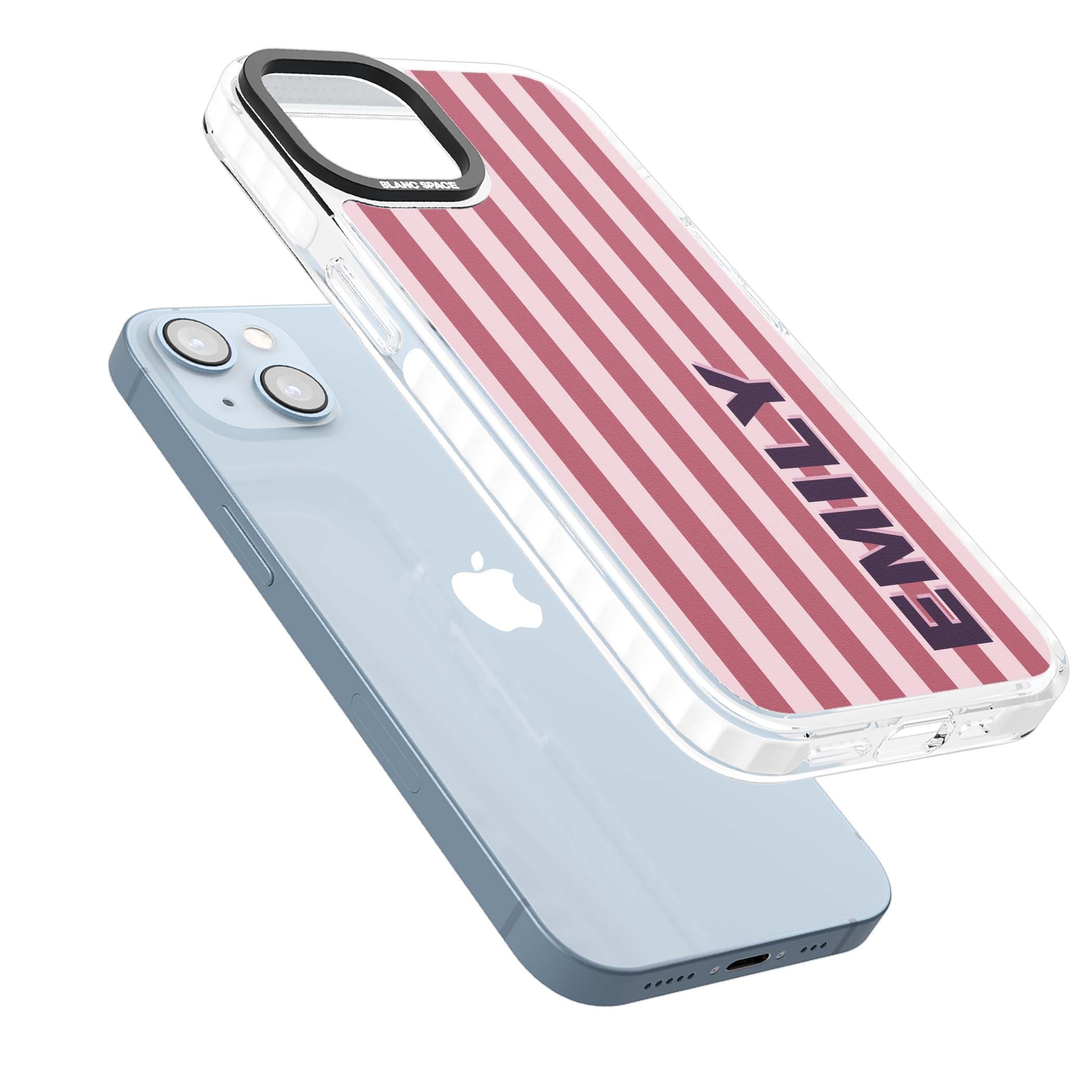 Victoria Stripe personalised iPhone case featuring pink vertical stripes and custom name in bold plum lettering | Impact Magsafe case for iPhone 13, iPhone 14, iPhone 15
