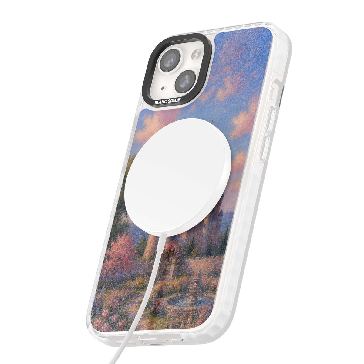 Enchanted Kingdom fairytale iPhone case featuring a romantic castle painting with cherry blossoms and pastel pink sky | Impact Magsafe case for iPhone 13, iPhone 14, iPhone 15