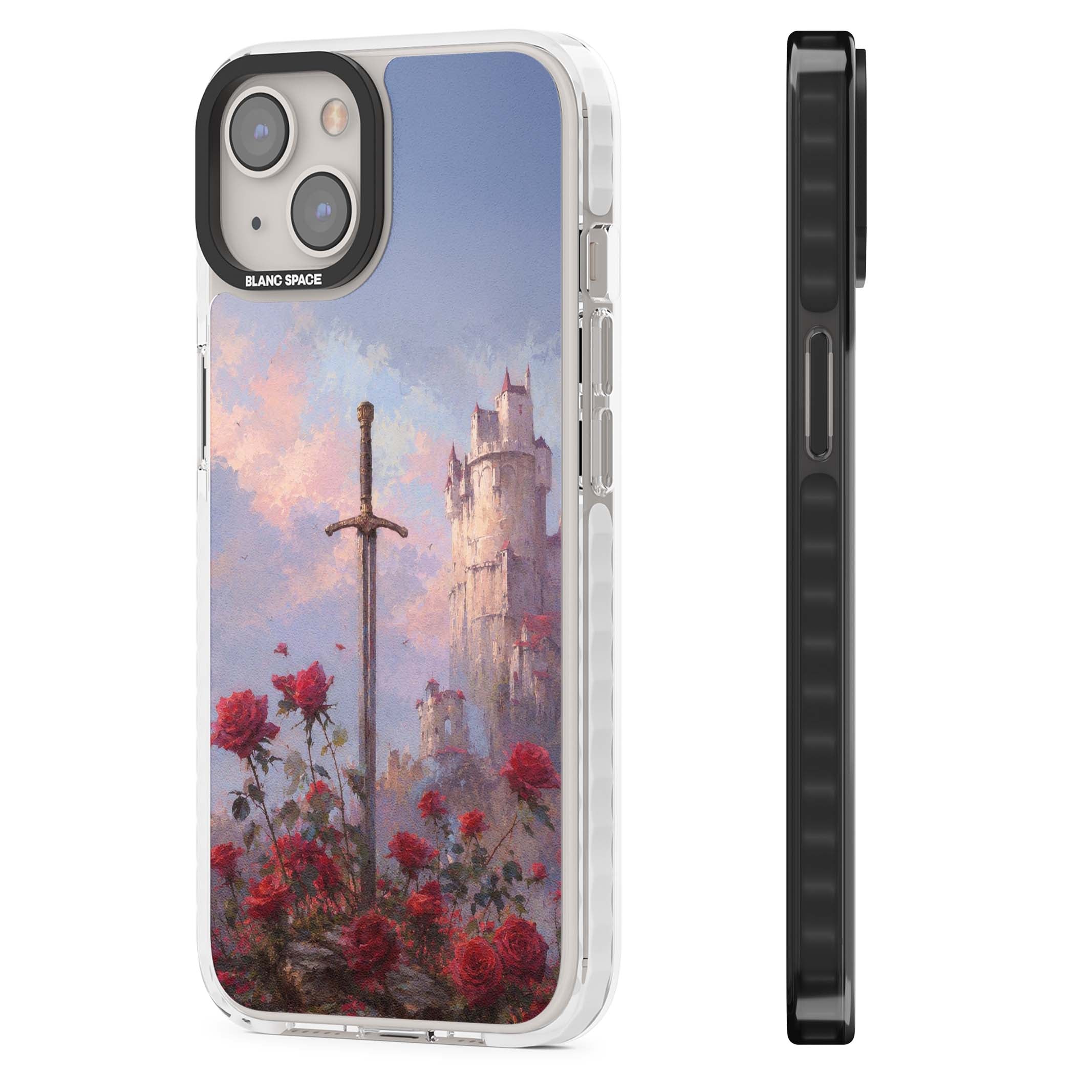 Sword in Roses medieval art iPhone case featuring a sword, red roses, and a misty fairytale castle at sunset | Impact Magsafe case for iPhone 13, iPhone 14, iPhone 15