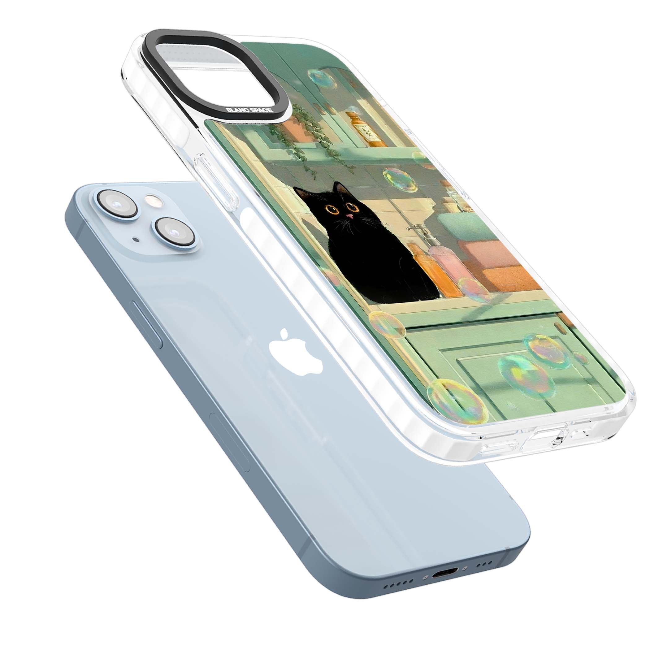 Bathroom Bubble Kitty cottagecore iPhone case featuring a black cat, mint bathroom scene and floating soap bubbles | Impact Magsafe case for iPhone 13, iPhone 14, iPhone 15
