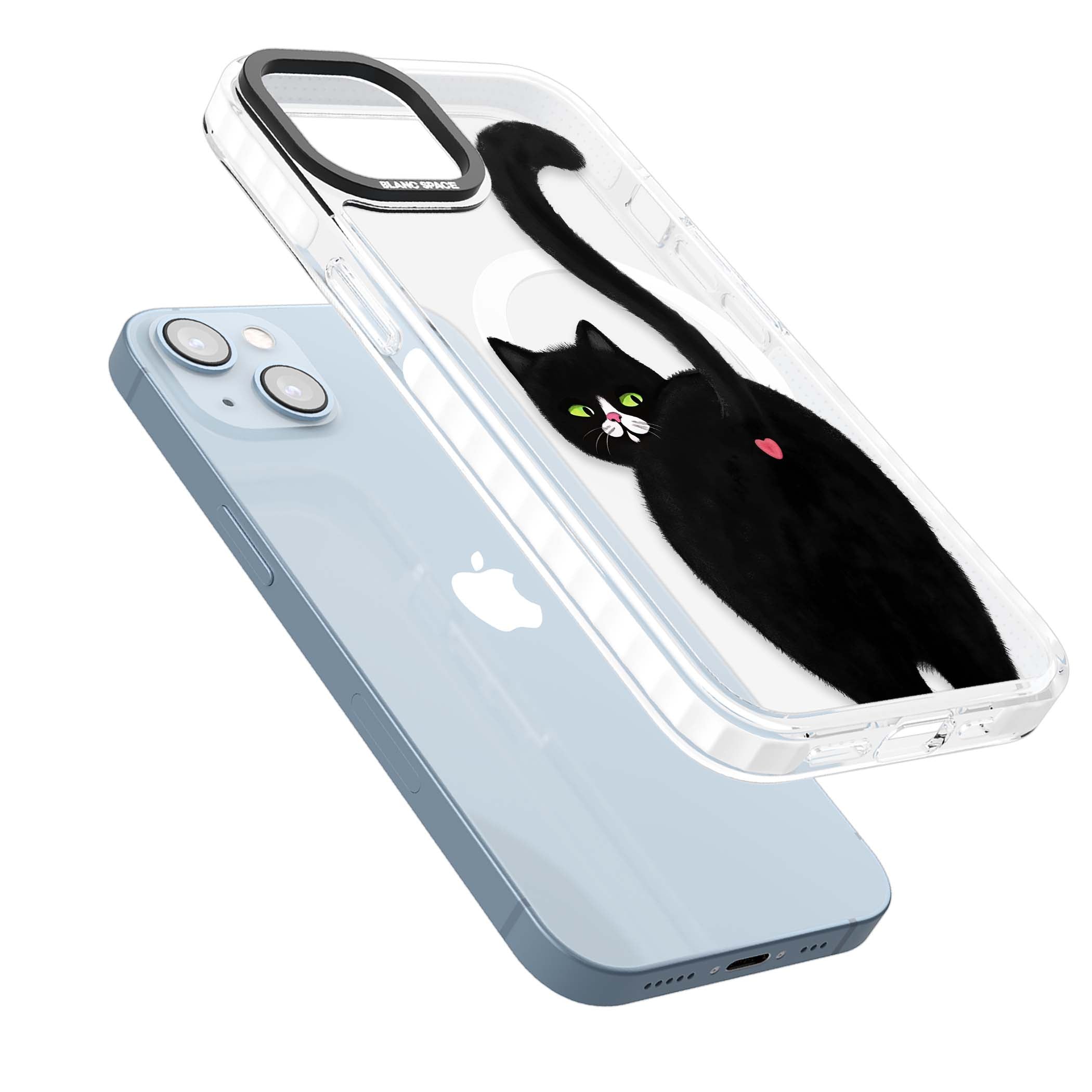 The Cat's Kiss cute cat iPhone case featuring a hand-painted tuxedo kitty with green eyes and a pink heart on a clear  | Impact Magsafe case for iPhone 13, iPhone 14, iPhone 15