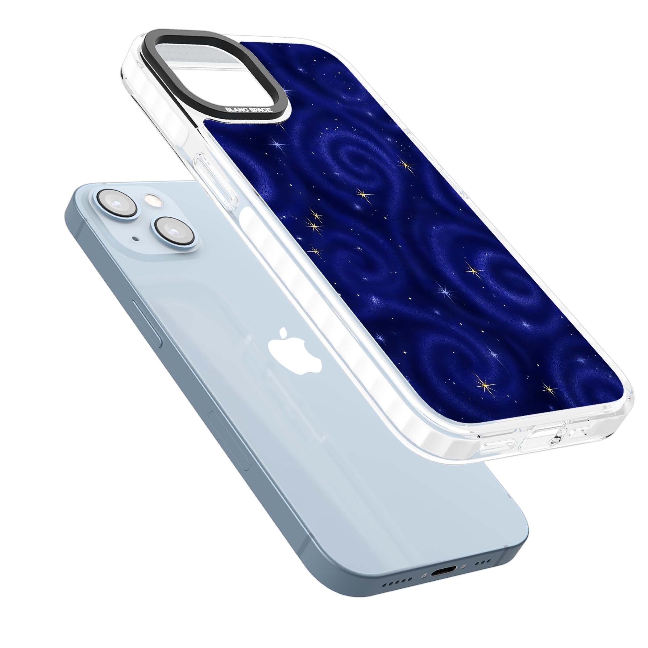 Indigo Cosmos celestial iPhone case featuring swirling navy night sky and sparkling golden stars | Impact Magsafe case for iPhone 13, iPhone 14, iPhone 15