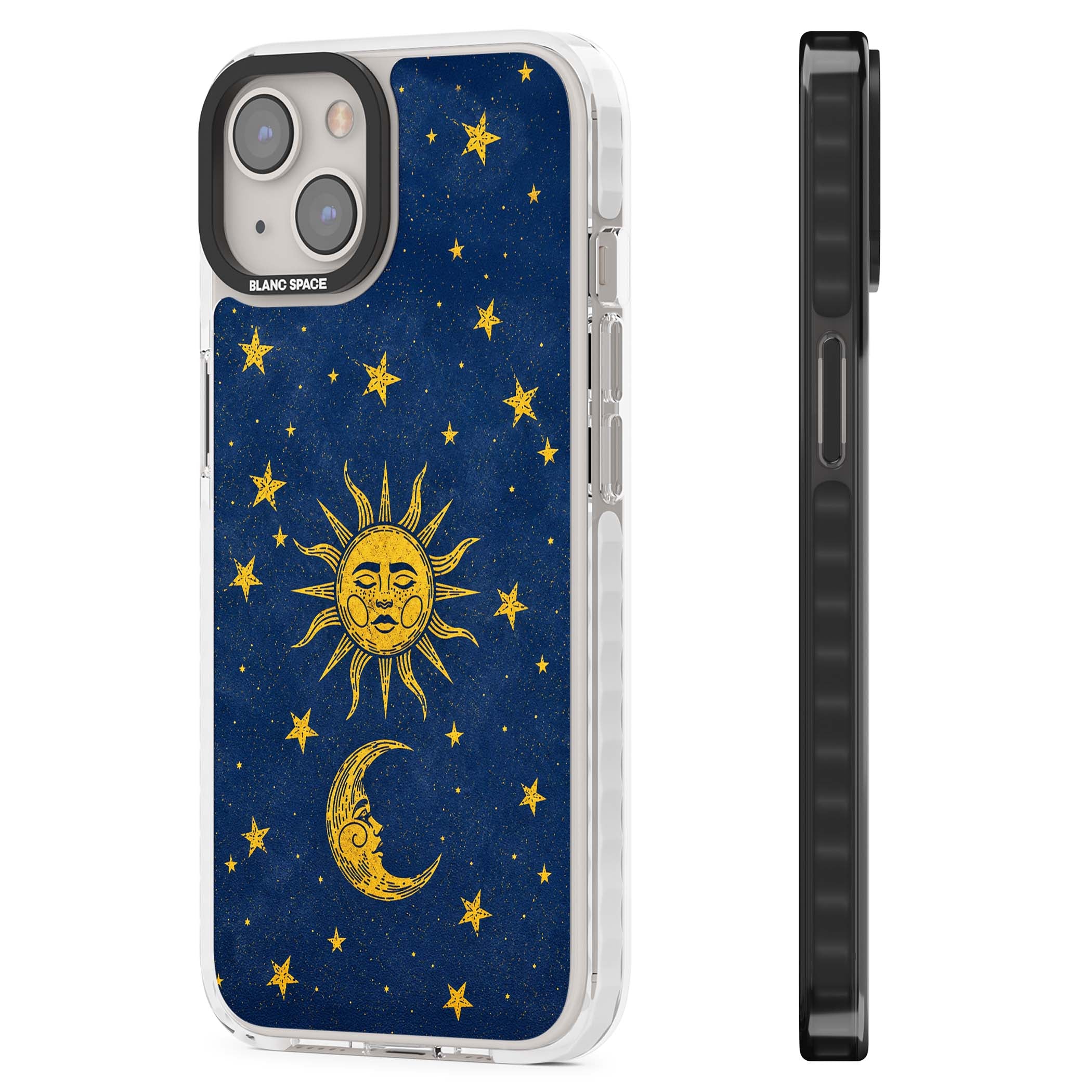 Sun & Moon Reverie celestial iPhone case featuring a vintage golden sun, crescent moon and scattered stars on midnight blue | Impact Magsafe case for iPhone 13, iPhone 14, iPhone 15