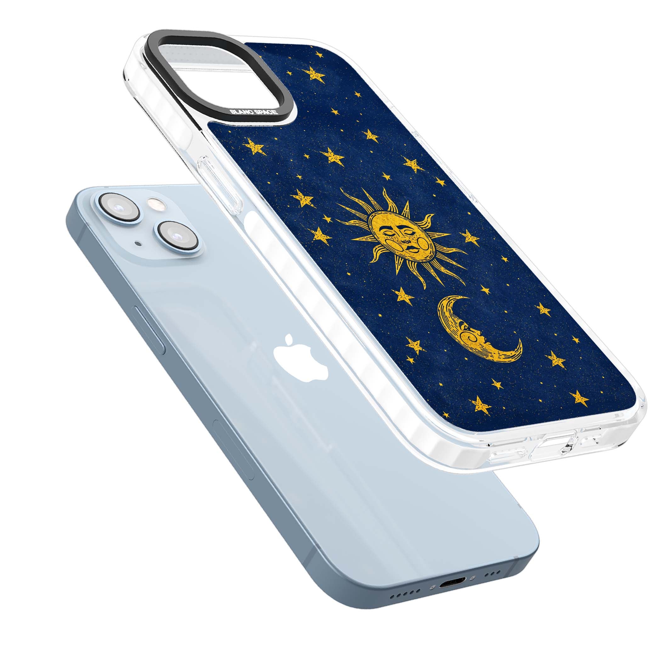 Sun & Moon Reverie celestial iPhone case featuring a vintage golden sun, crescent moon and scattered stars on midnight blue | Impact Magsafe case for iPhone 13, iPhone 14, iPhone 15