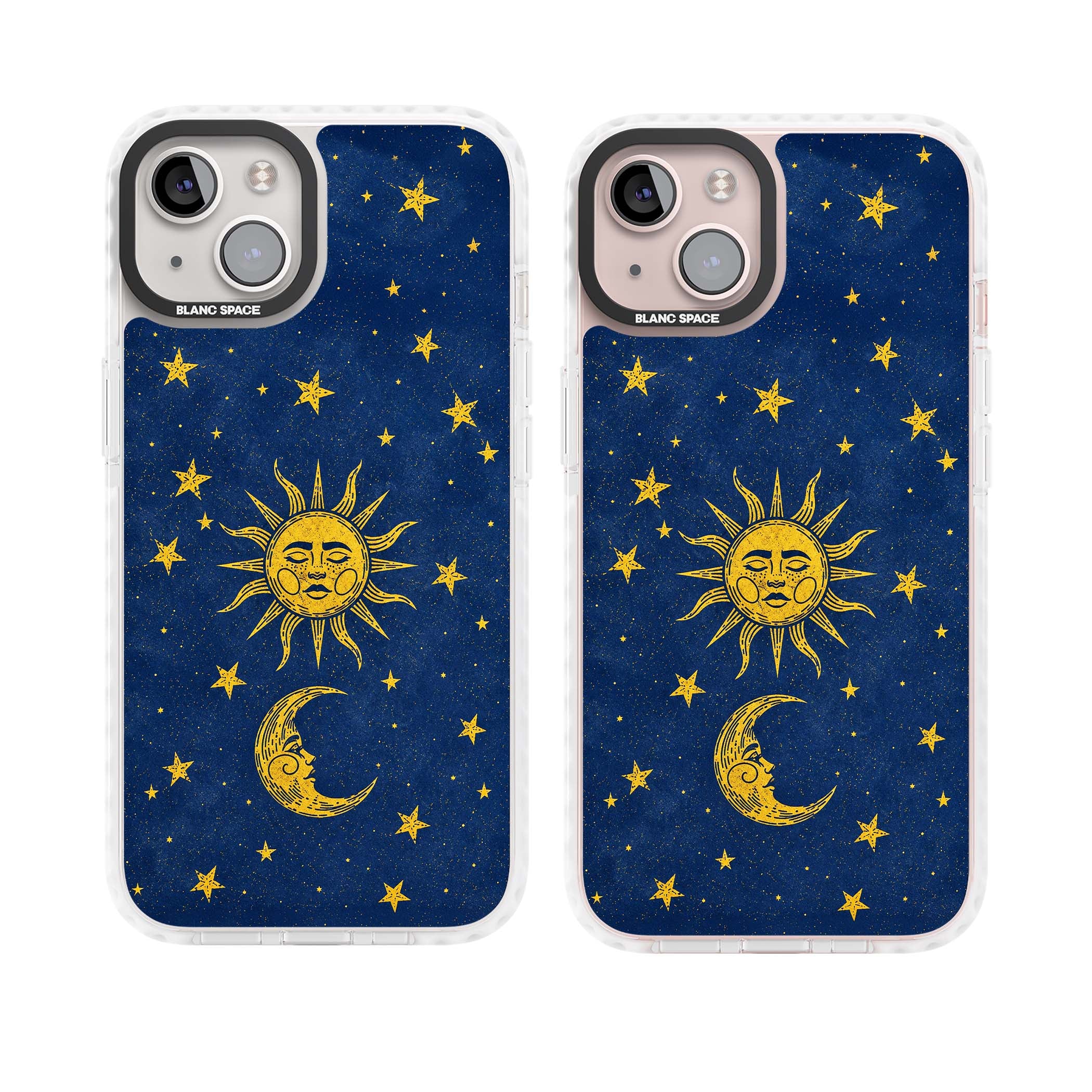 Sun & Moon Reverie celestial iPhone case featuring a vintage golden sun, crescent moon and scattered stars on midnight blue | Impact Magsafe case for iPhone 13, iPhone 14, iPhone 15