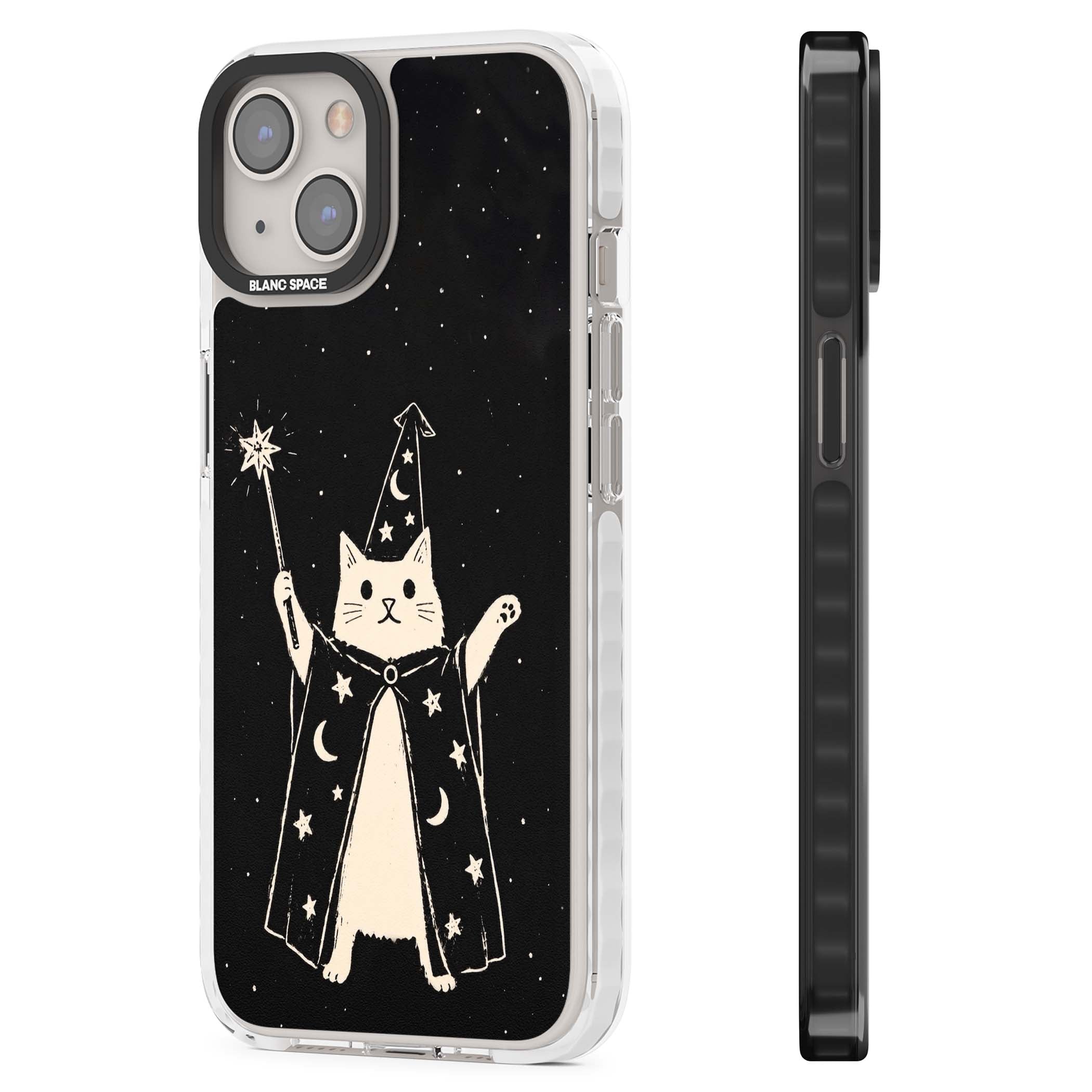 Whisker Wizard celestial cat iPhone case featuring a wizard cat with magic wand, starry night sky and crescent moons | Impact Magsafe case for iPhone 13, iPhone 14, iPhone 15
