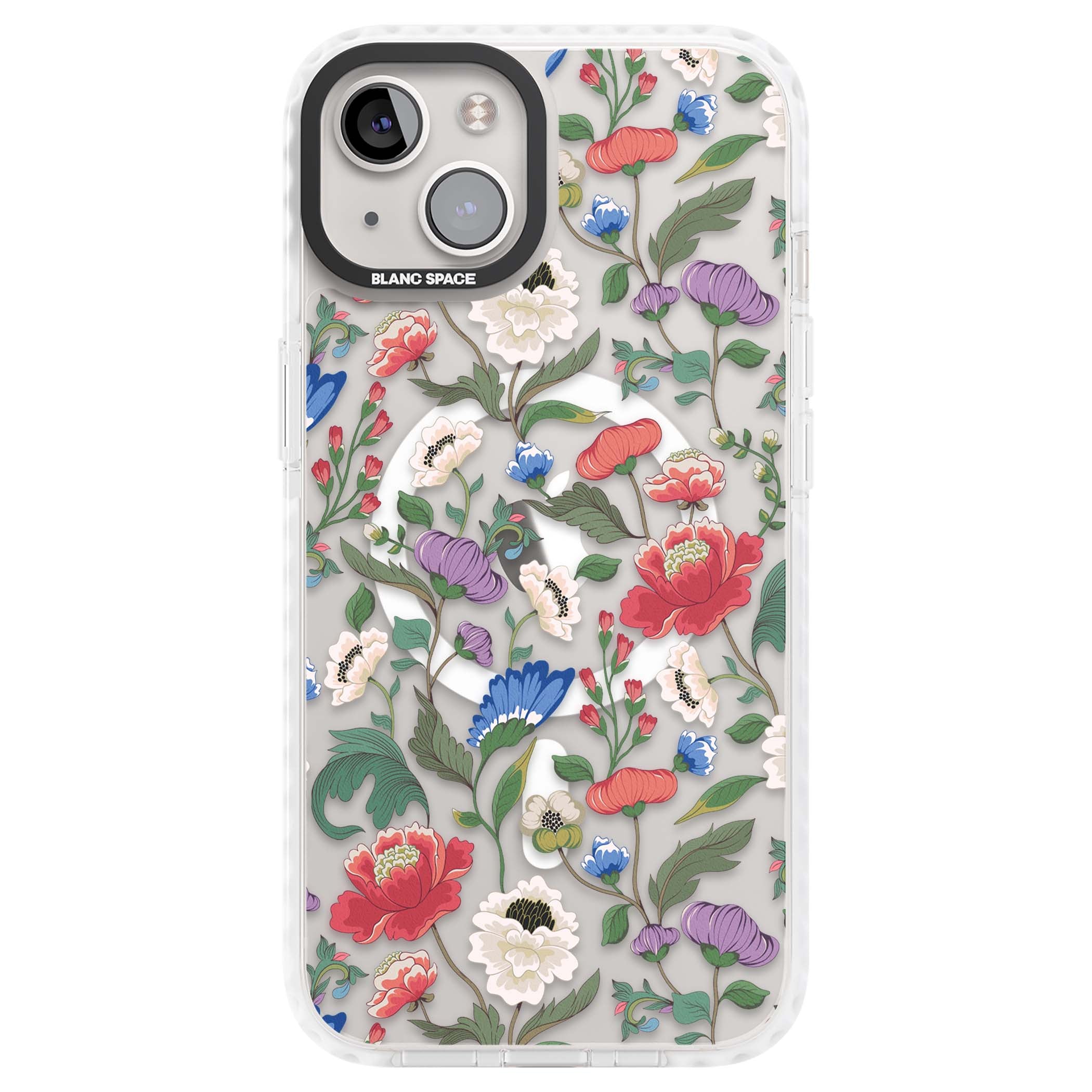 Chinoiserie Bloom vintage floral iPhone case featuring hand-painted peonies, poppies and trailing wildflowers on clear... | Impact Magsafe case for iPhone 13, iPhone 14, iPhone 15