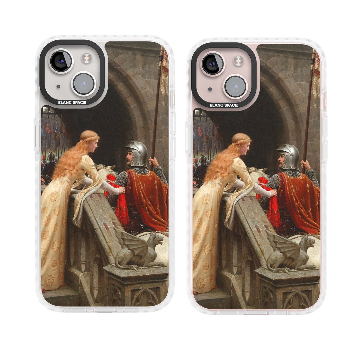 God Speed fine art iPhone case featuring Edmund Blair Leighton's medieval knight and lady beneath a stone archway | Impact Magsafe case for iPhone 13, iPhone 14, iPhone 15