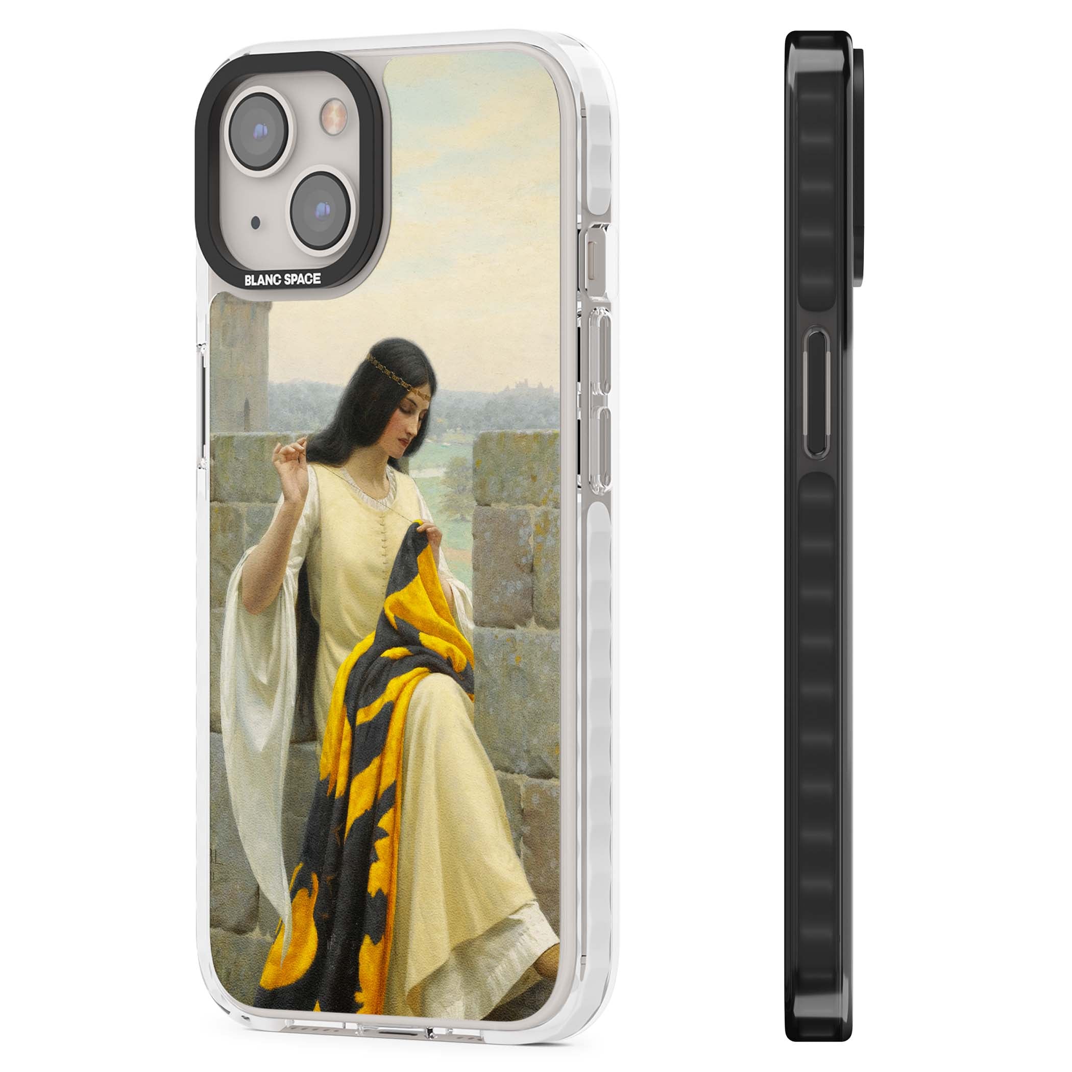 Stitching the Standard renaissance art iPhone case featuring a medieval lady sewing a golden banner on a castle wall | Impact Magsafe case for iPhone 13, iPhone 14, iPhone 15