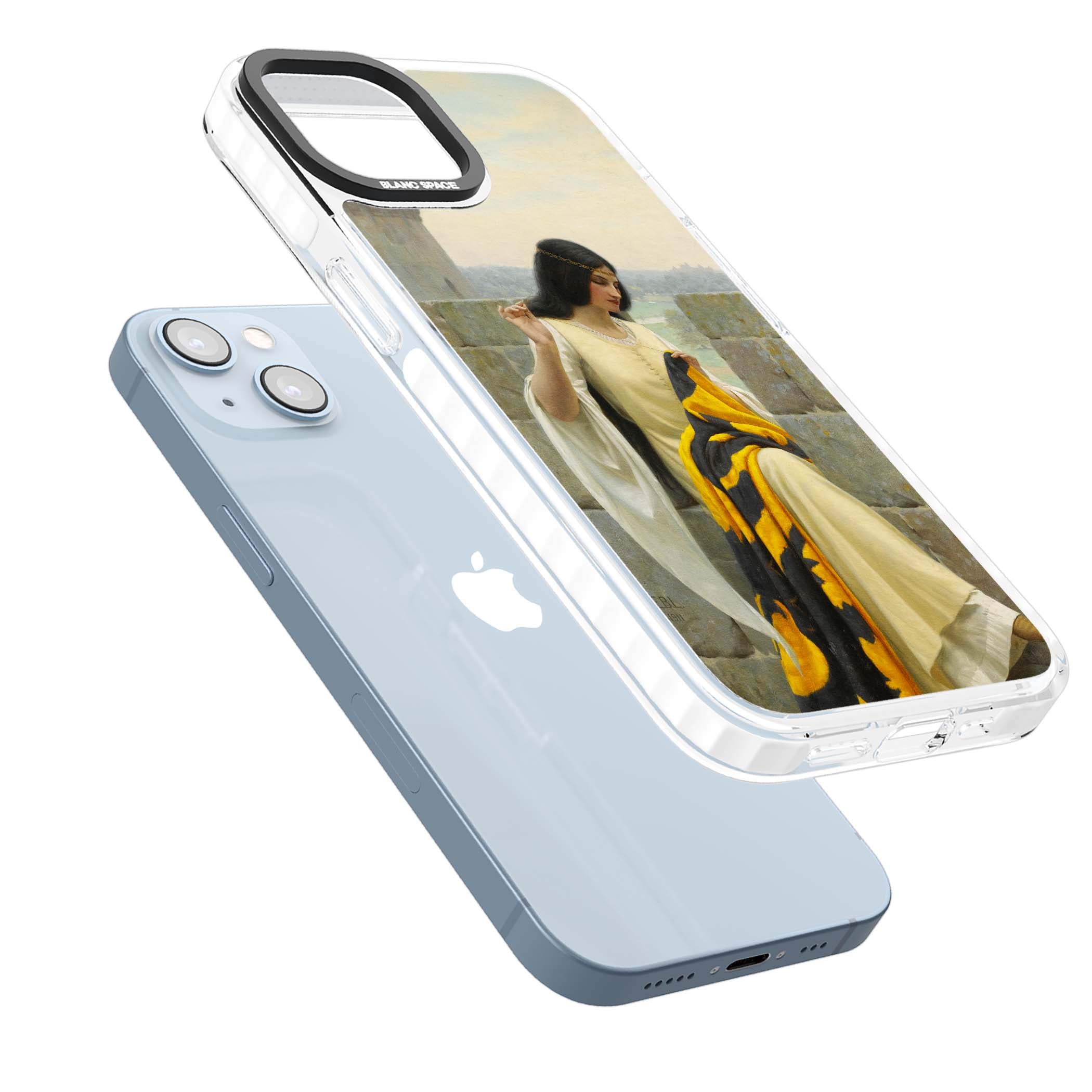 Stitching the Standard renaissance art iPhone case featuring a medieval lady sewing a golden banner on a castle wall | Impact Magsafe case for iPhone 13, iPhone 14, iPhone 15