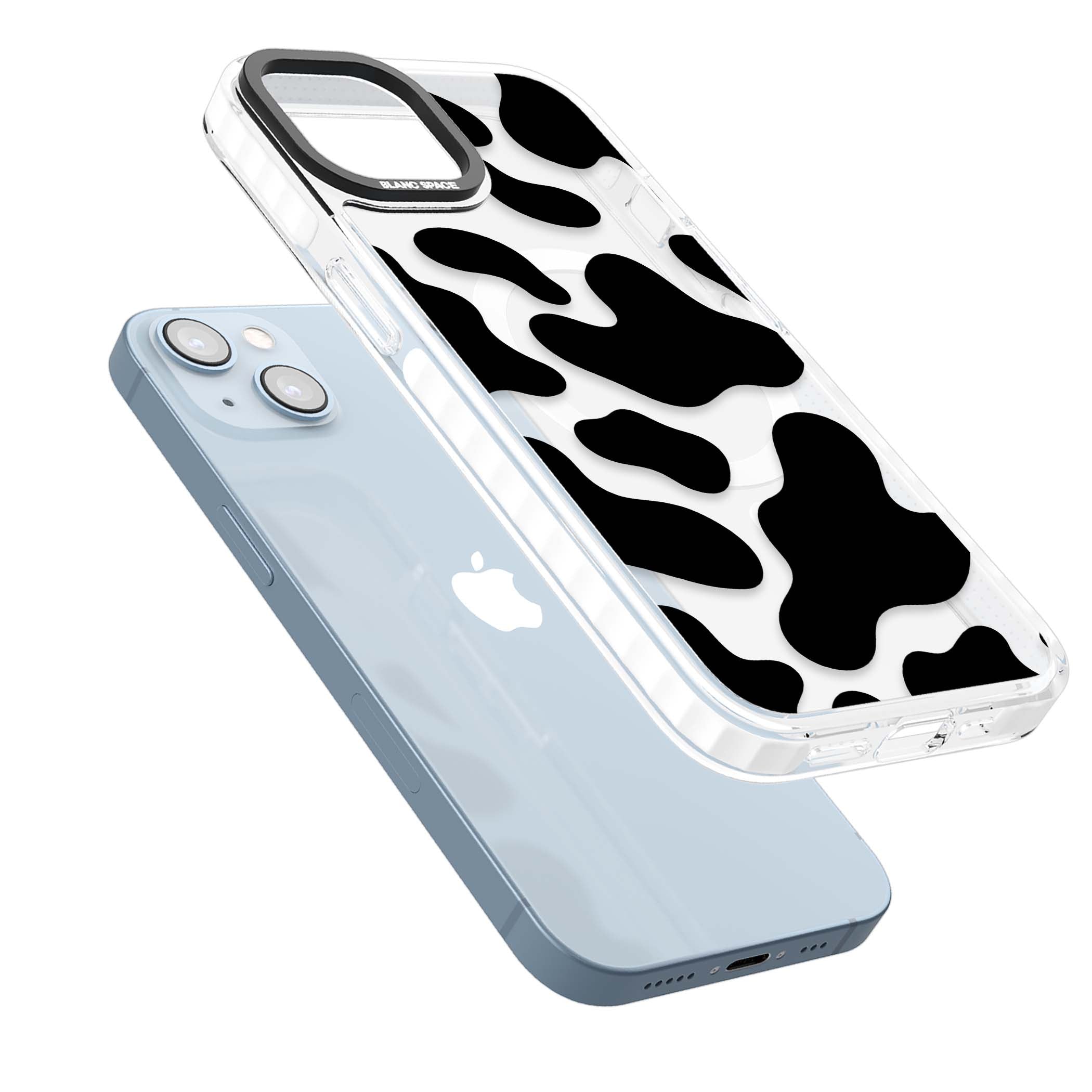 Clear Cow Print cow print iPhone case featuring black and white cow pattern splotches on a clear background | Impact Magsafe case for iPhone 13, iPhone 14, iPhone 15