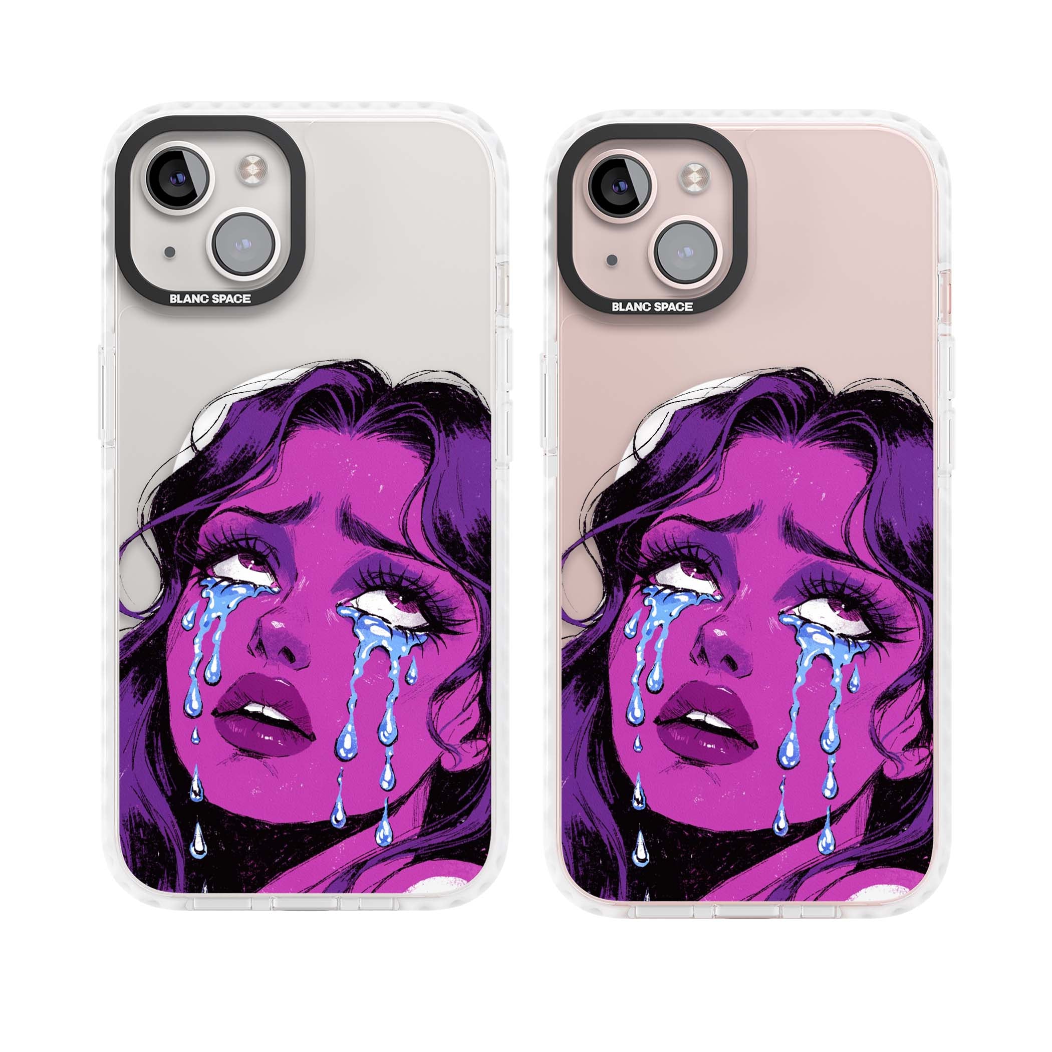 Drama Queen pop art iPhone case featuring a purple crying comic girl with blue tears | Impact Magsafe case for iPhone 13, iPhone 14, iPhone 15