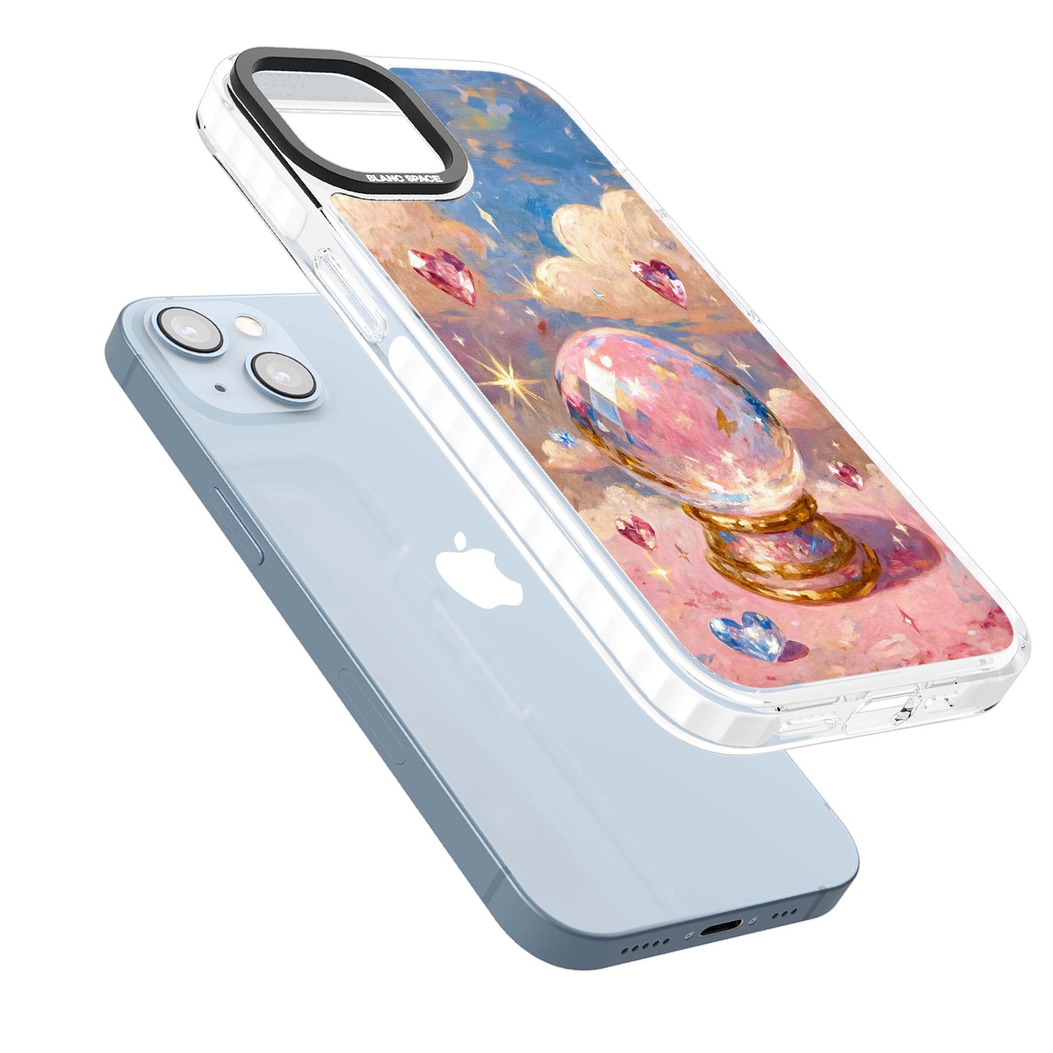 Crystal Ball fairycore iPhone case featuring a painted crystal ball, heart gemstones, and pastel clouds | Impact Magsafe case for iPhone 13, iPhone 14, iPhone 15