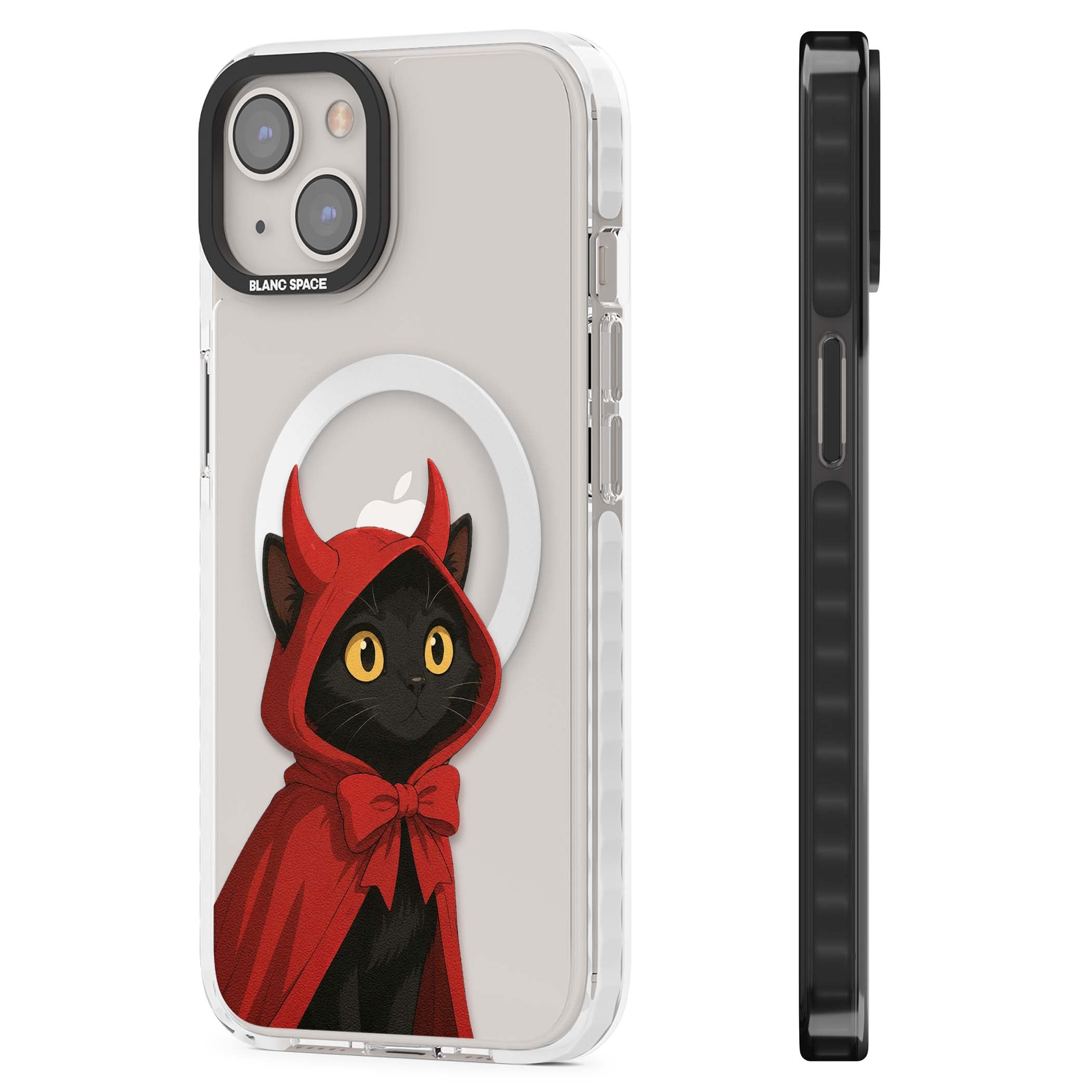 Little Devil halloween iPhone case featuring a black cat in a red hooded devil cloak with horns and golden eyes | Impact Magsafe case for iPhone 13, iPhone 14, iPhone 15