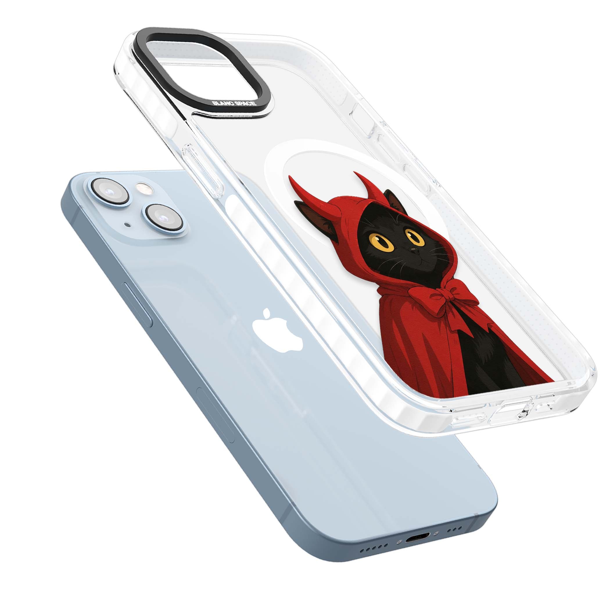 Little Devil halloween iPhone case featuring a black cat in a red hooded devil cloak with horns and golden eyes | Impact Magsafe case for iPhone 13, iPhone 14, iPhone 15