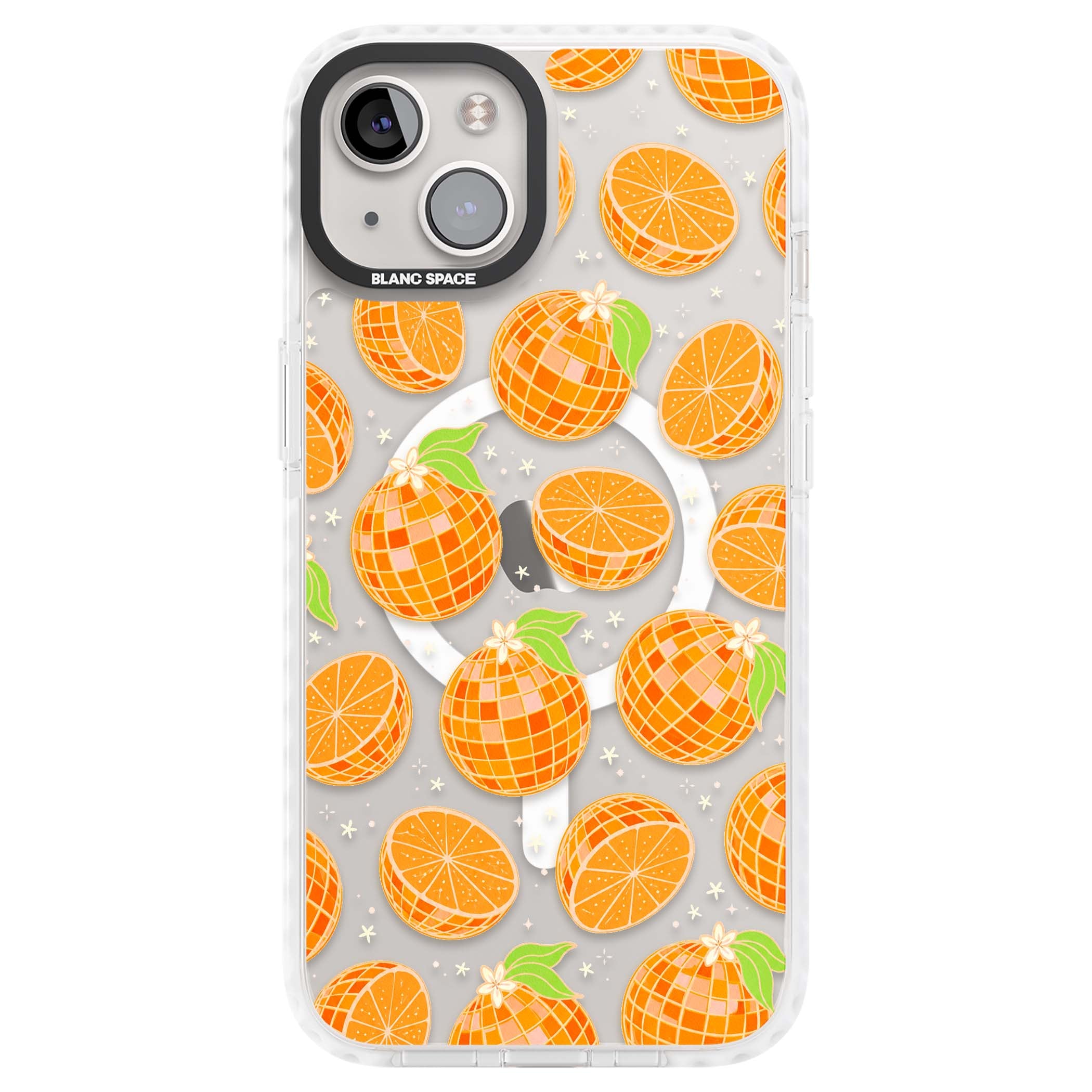 Disco Oranges retro iPhone case featuring mirrorball oranges, citrus slices and tiny blossoms on clear | Impact Magsafe case for iPhone 13, iPhone 14, iPhone 15
