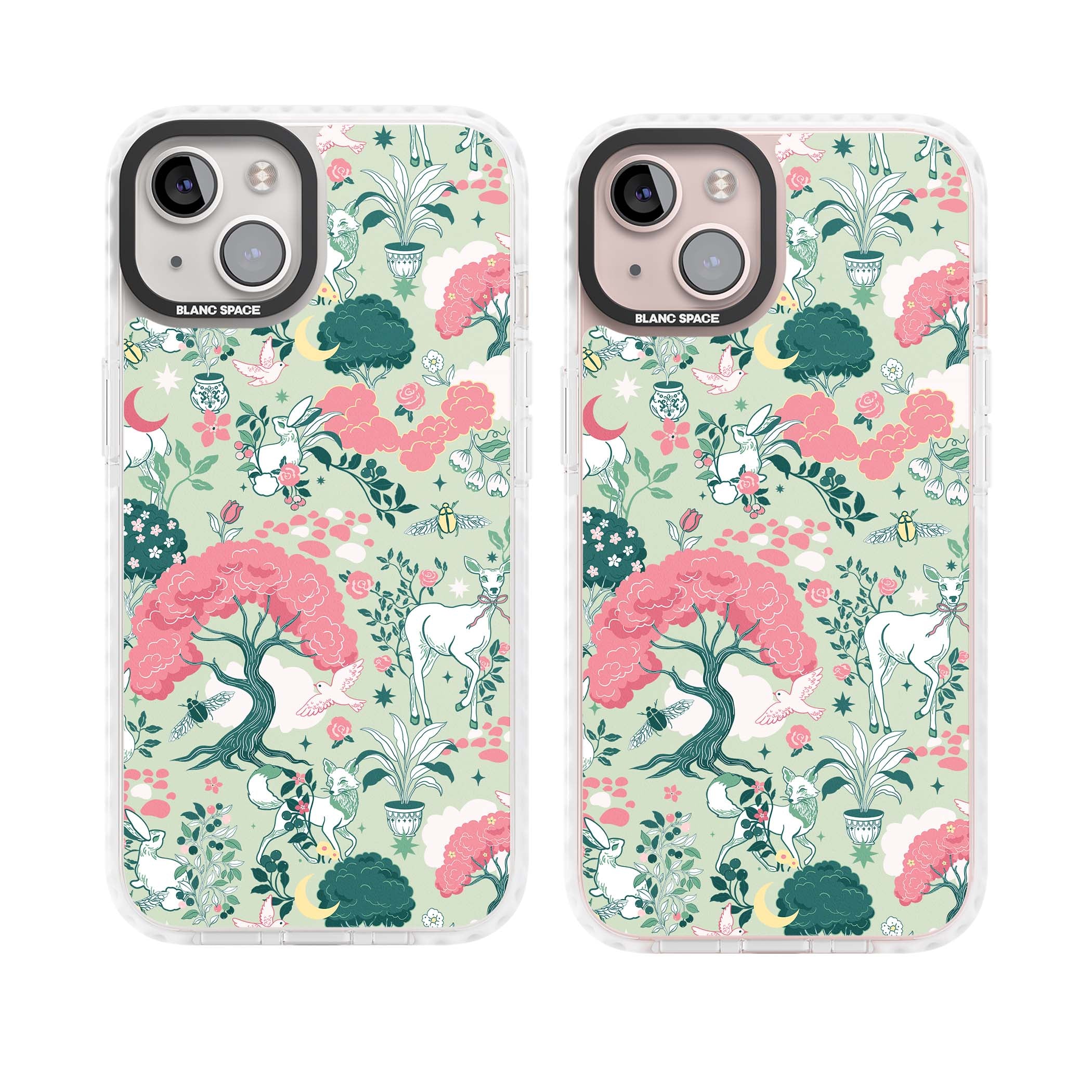 Enchanted Woodland cottagecore iPhone case featuring white deer, pink roses, mushrooms and woodland animals on sage green | Impact Magsafe case for iPhone 13, iPhone 14, iPhone 15