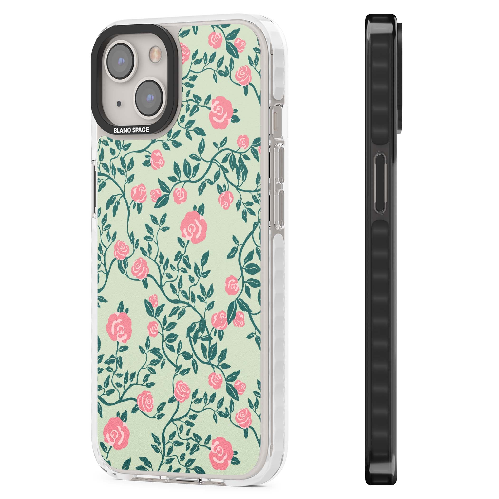Rose Trellis cottagecore iPhone case featuring pink roses, sage green vines, and mint background | Impact Magsafe case for iPhone 13, iPhone 14, iPhone 15