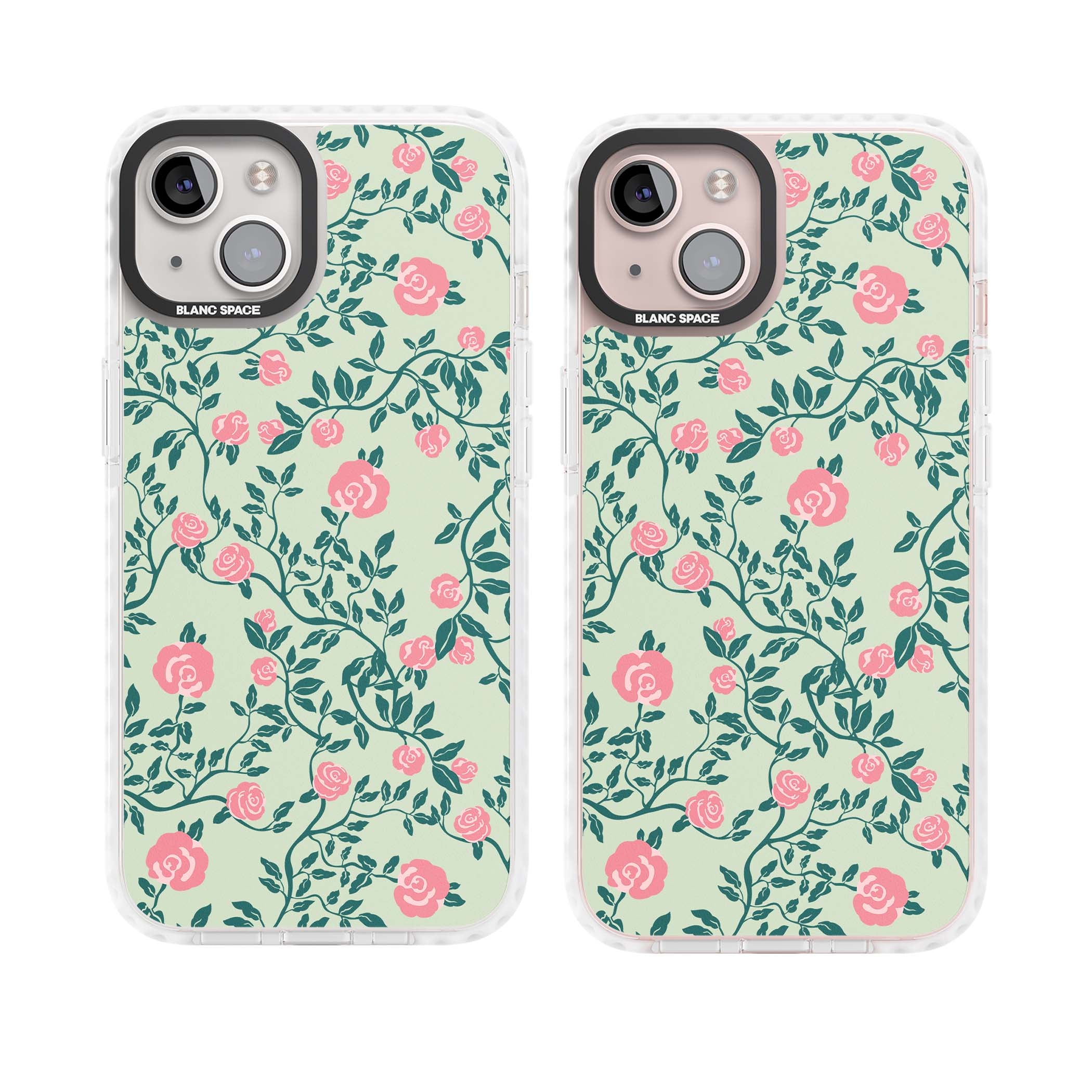 Rose Trellis cottagecore iPhone case featuring pink roses, sage green vines, and mint background | Impact Magsafe case for iPhone 13, iPhone 14, iPhone 15