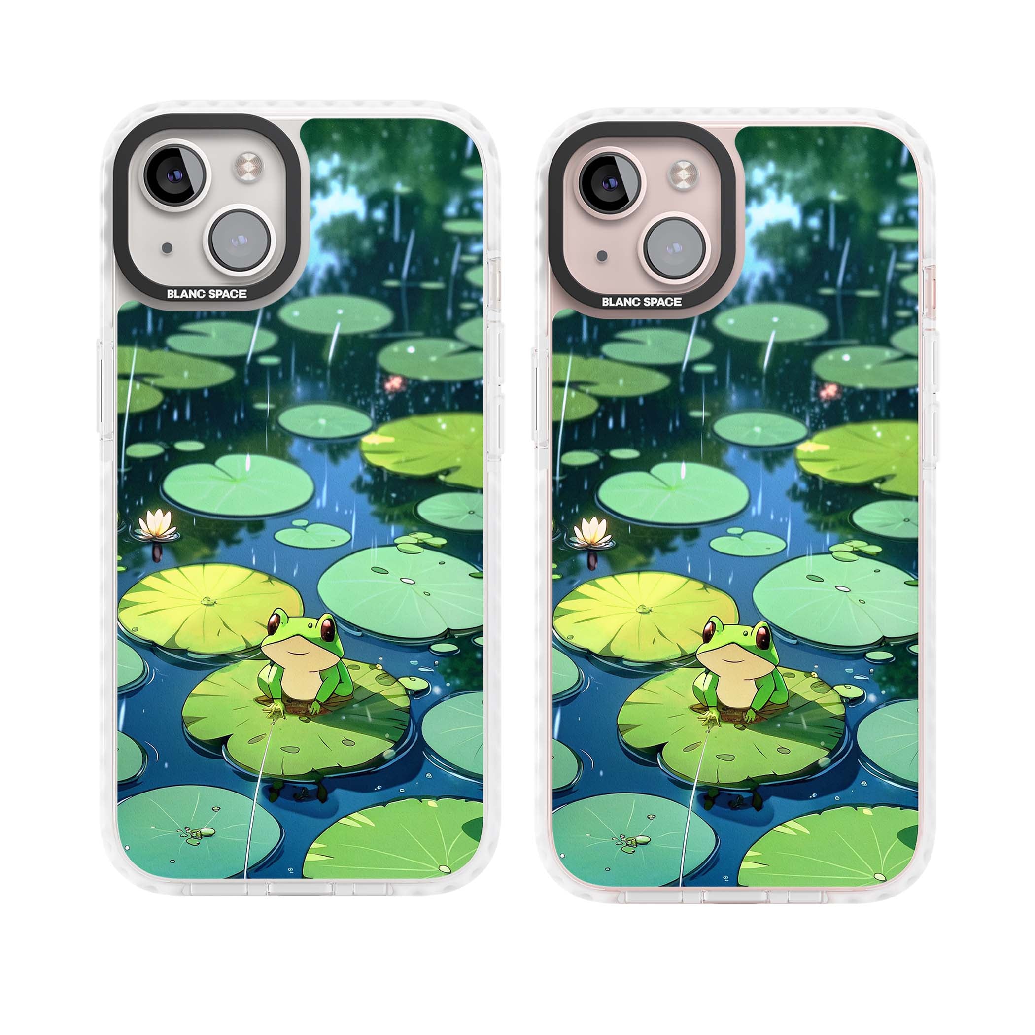 Frog In Lily Pond cottagecore iPhone case featuring a cute green frog on a lily pad with falling rain and a lotus flower | Impact Magsafe case for iPhone 13, iPhone 14, iPhone 15