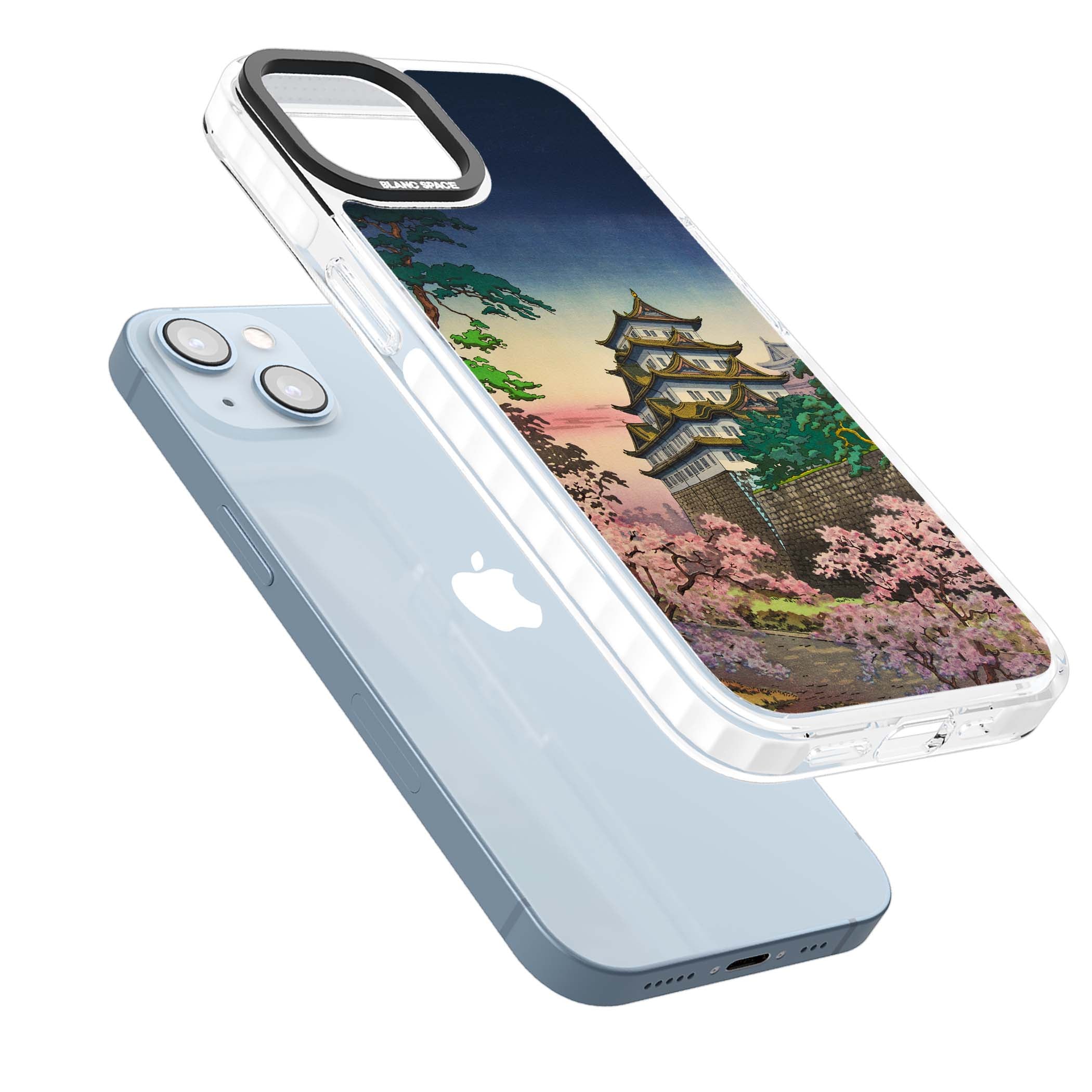 Nagoya Castle Japanese iPhone case featuring a vintage pagoda, twilight sky and cherry blossom trees | Impact Magsafe case for iPhone 13, iPhone 14, iPhone 15