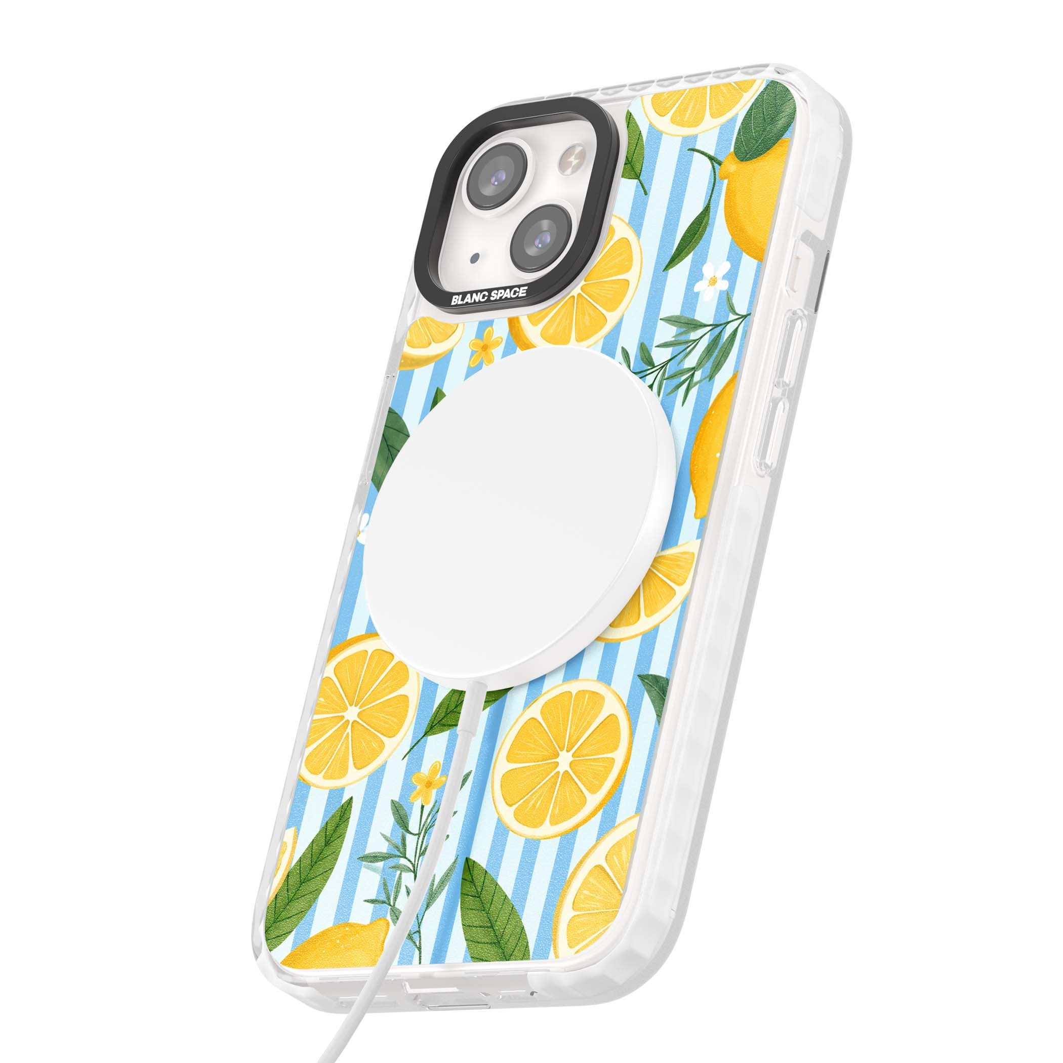 Capri Citrus Stripe coastal iPhone case featuring yellow lemons, blue stripes, and white daisy blossoms | Impact Magsafe case for iPhone 13, iPhone 14, iPhone 15
