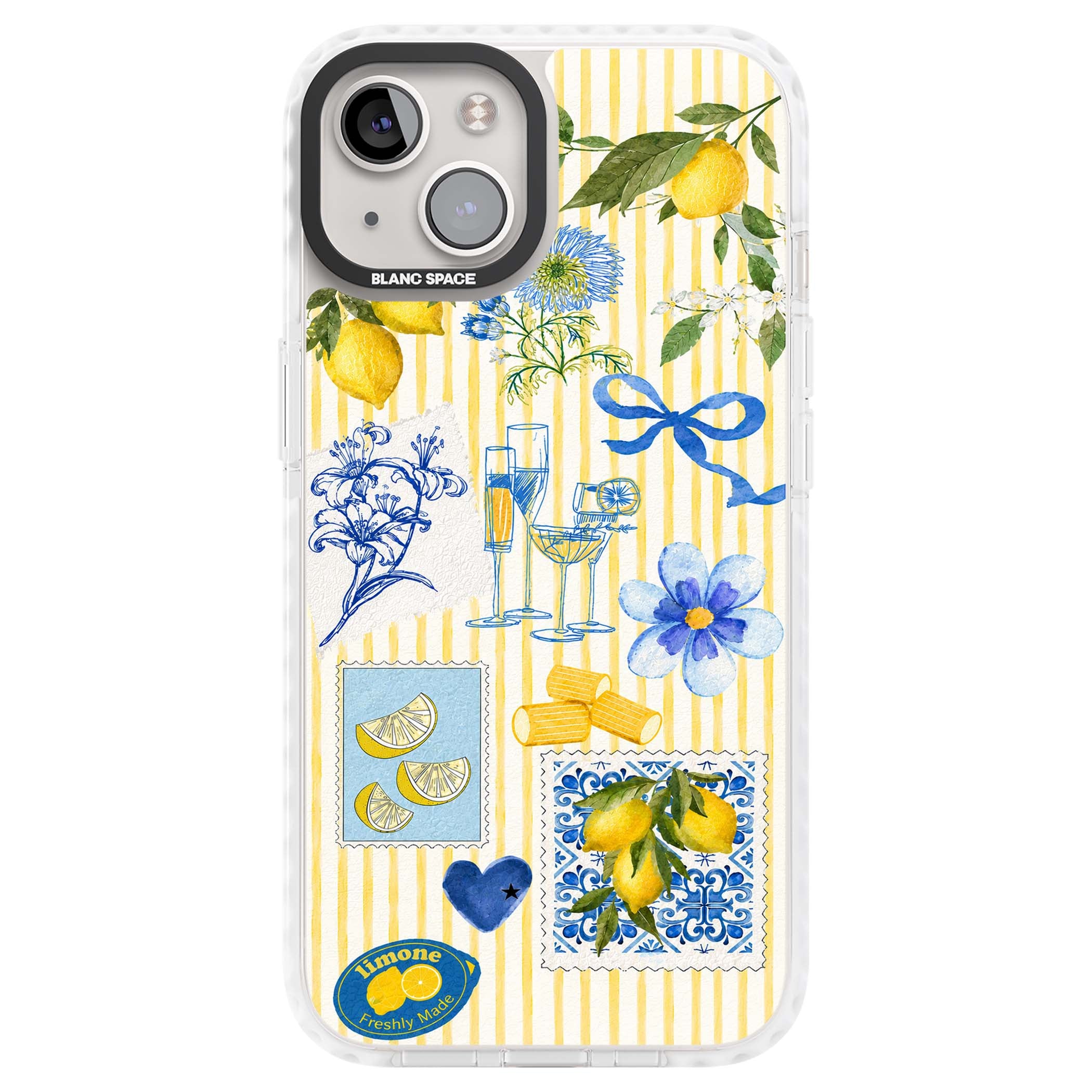 Limone Riviera Italian summer iPhone case featuring watercolour lemons, blue ribbon bows and majolica tile stamps on... | Impact Magsafe case for iPhone 13, iPhone 14, iPhone 15