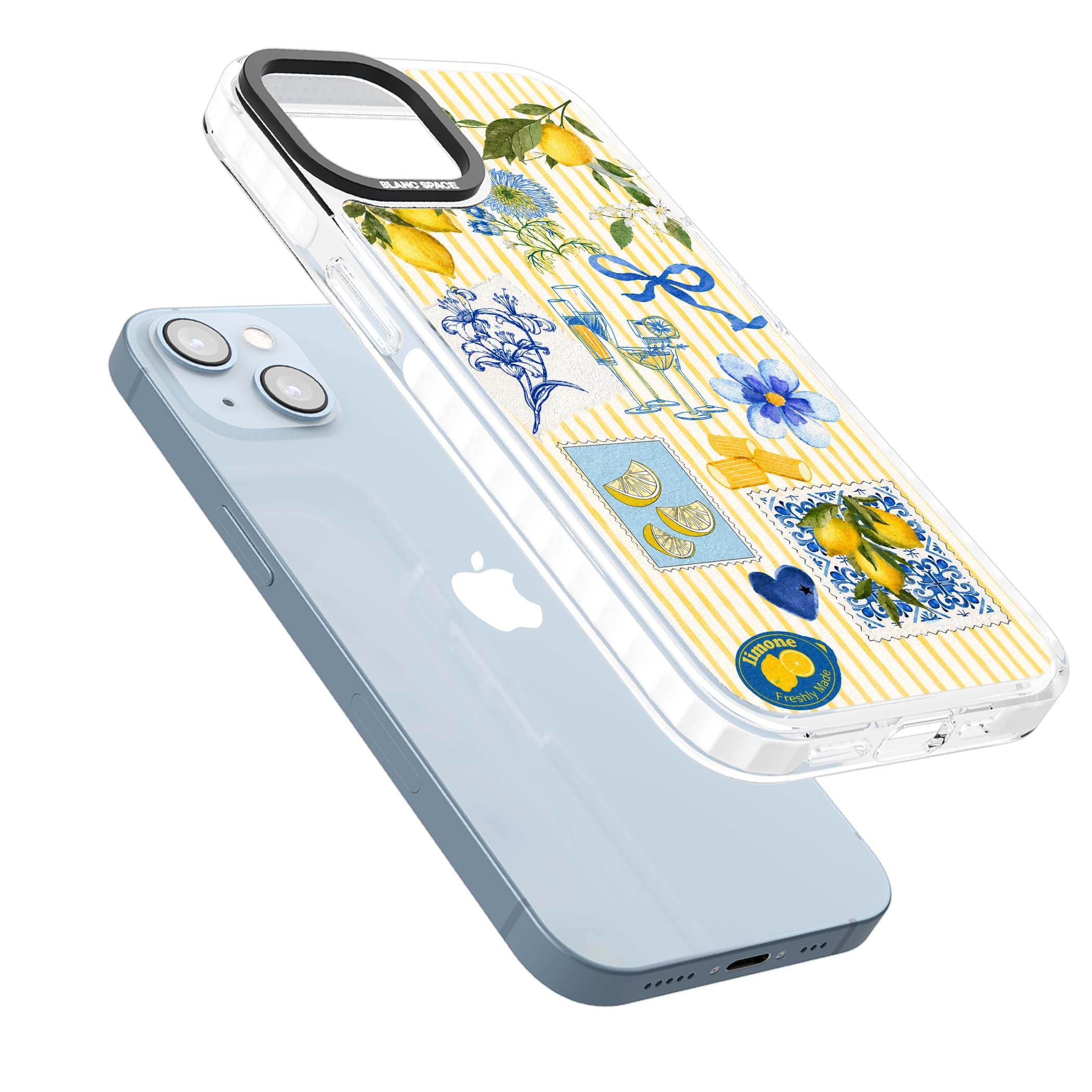Limone Riviera Italian summer iPhone case featuring watercolour lemons, blue ribbon bows and majolica tile stamps on... | Impact Magsafe case for iPhone 13, iPhone 14, iPhone 15