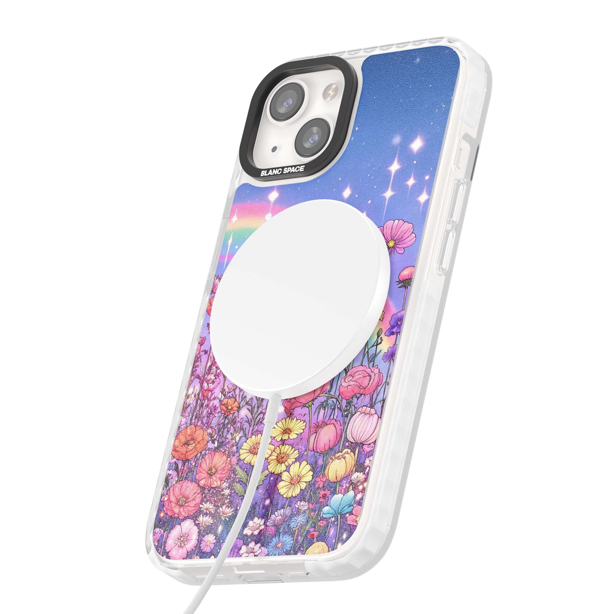 Magical Meadow fairycore iPhone case featuring a pastel rainbow, sparkling stars and a wildflower meadow | Impact Magsafe case for iPhone 13, iPhone 14, iPhone 15