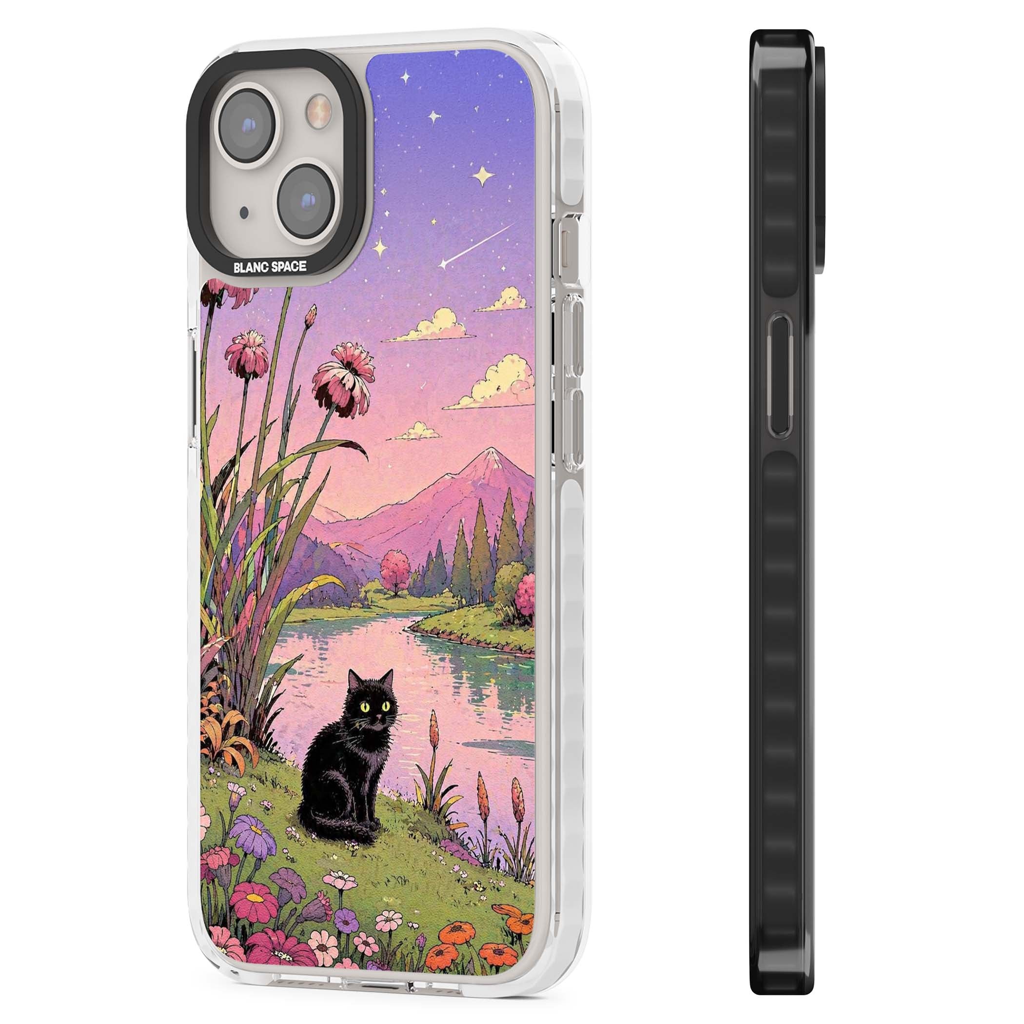 Mystic Whiskers ghibli iPhone case featuring a black cat by a pastel lake, wildflowers and a starry sunset sky | Impact Magsafe case for iPhone 13, iPhone 14, iPhone 15