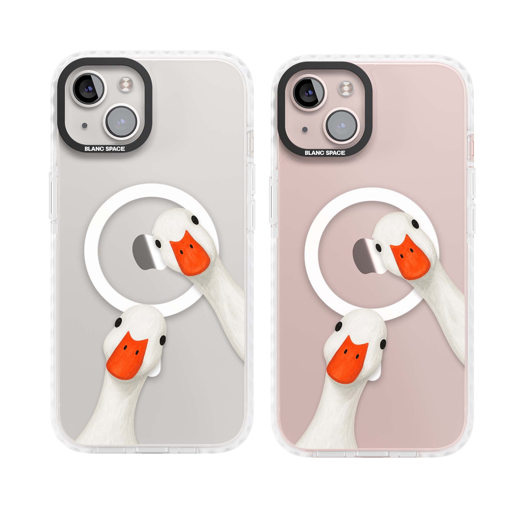 Nosy Ducks cottagecore iPhone case featuring two peeking white ducks with orange beaks on a clear background | Impact Magsafe case for iPhone 13, iPhone 14, iPhone 15