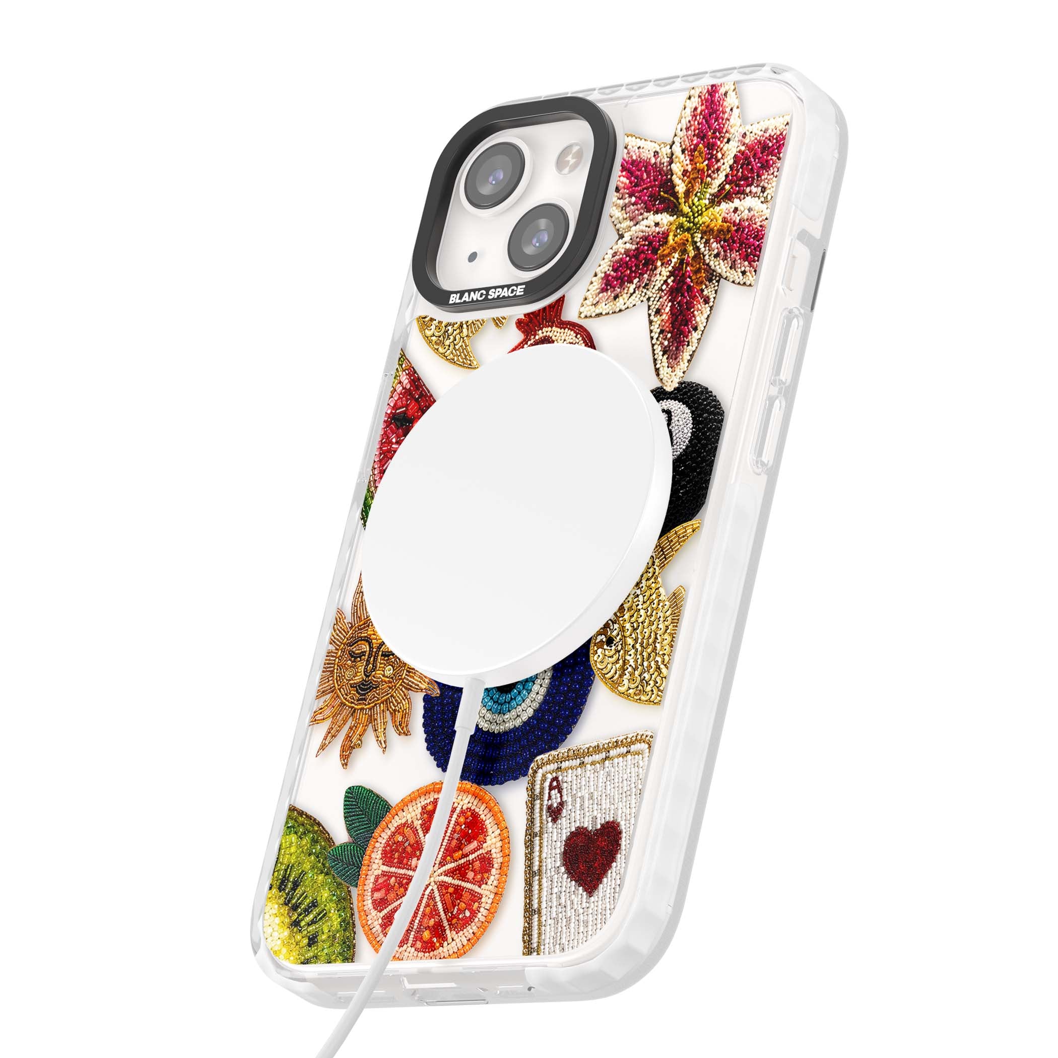 Beaded Charms embroidery iPhone case featuring beaded evil eye, fruit patches and a golden sun motif | Impact Magsafe case for iPhone 13, iPhone 14, iPhone 15