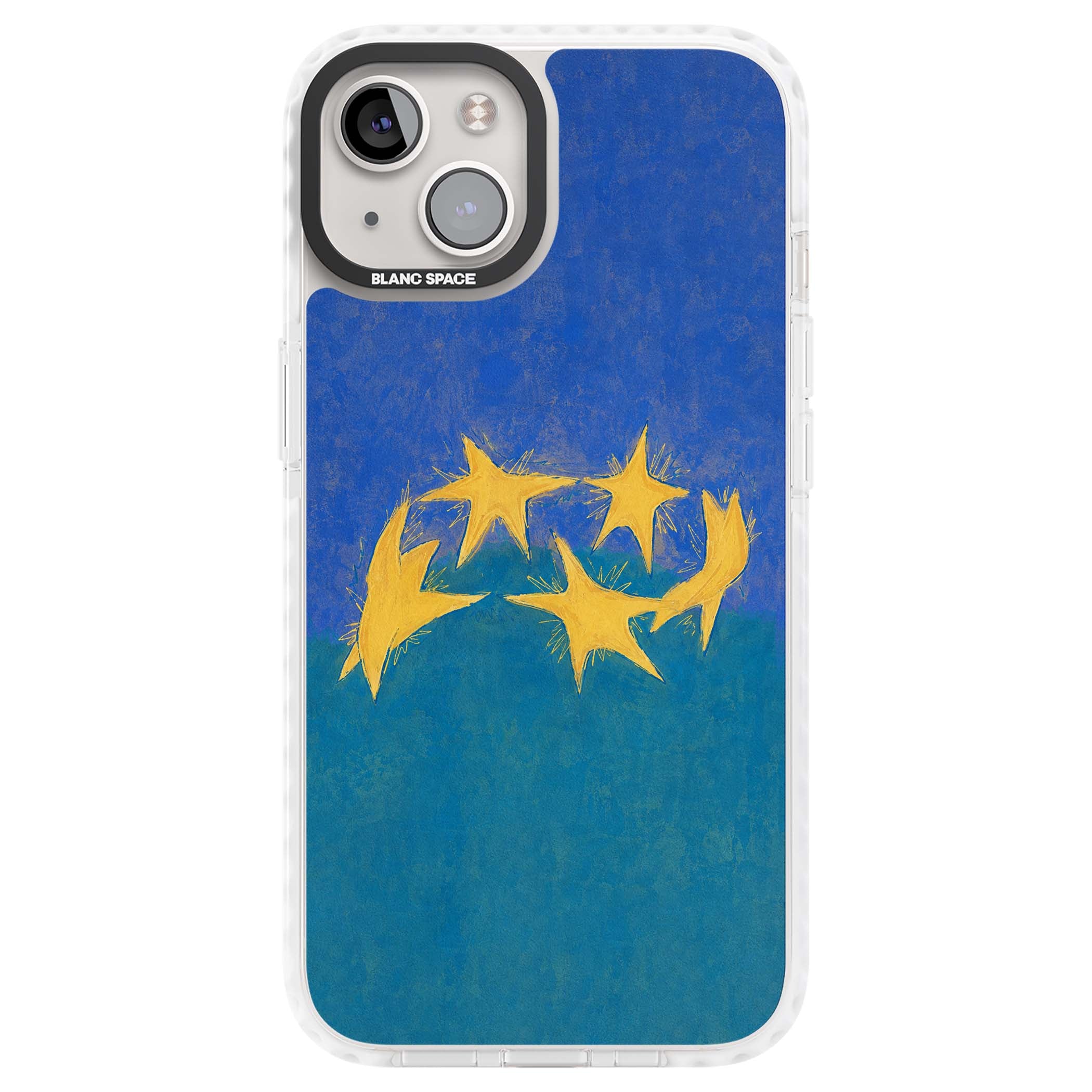 Star Boogie stars aesthetic iPhone case featuring five yellow hand-painted stars on cobalt blue and teal | Impact Magsafe case for iPhone 13, iPhone 14, iPhone 15