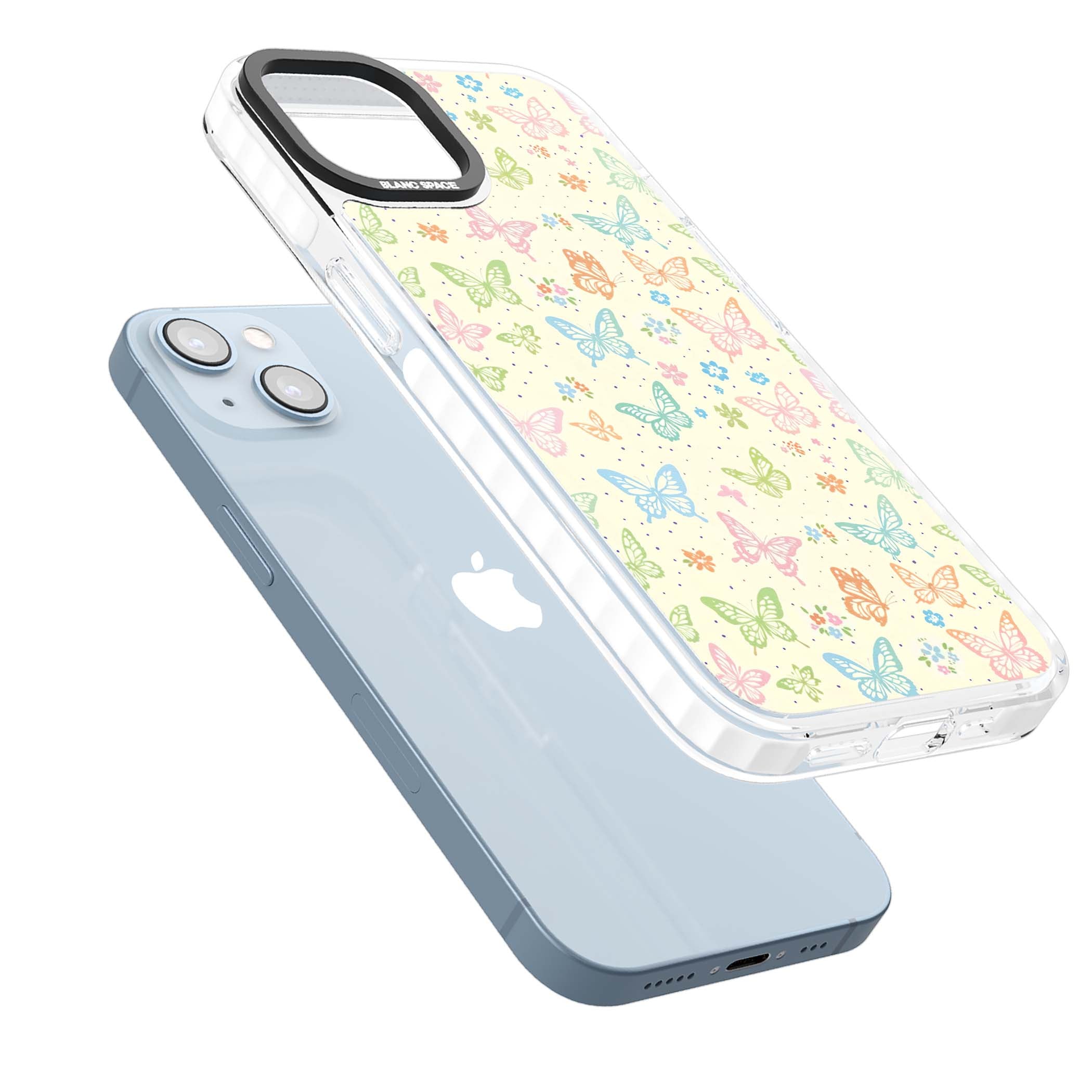 Sugar Wings cottagecore iPhone case featuring rainbow pastel butterflies, tiny wildflowers, and a cream background | Impact Magsafe case for iPhone 13, iPhone 14, iPhone 15