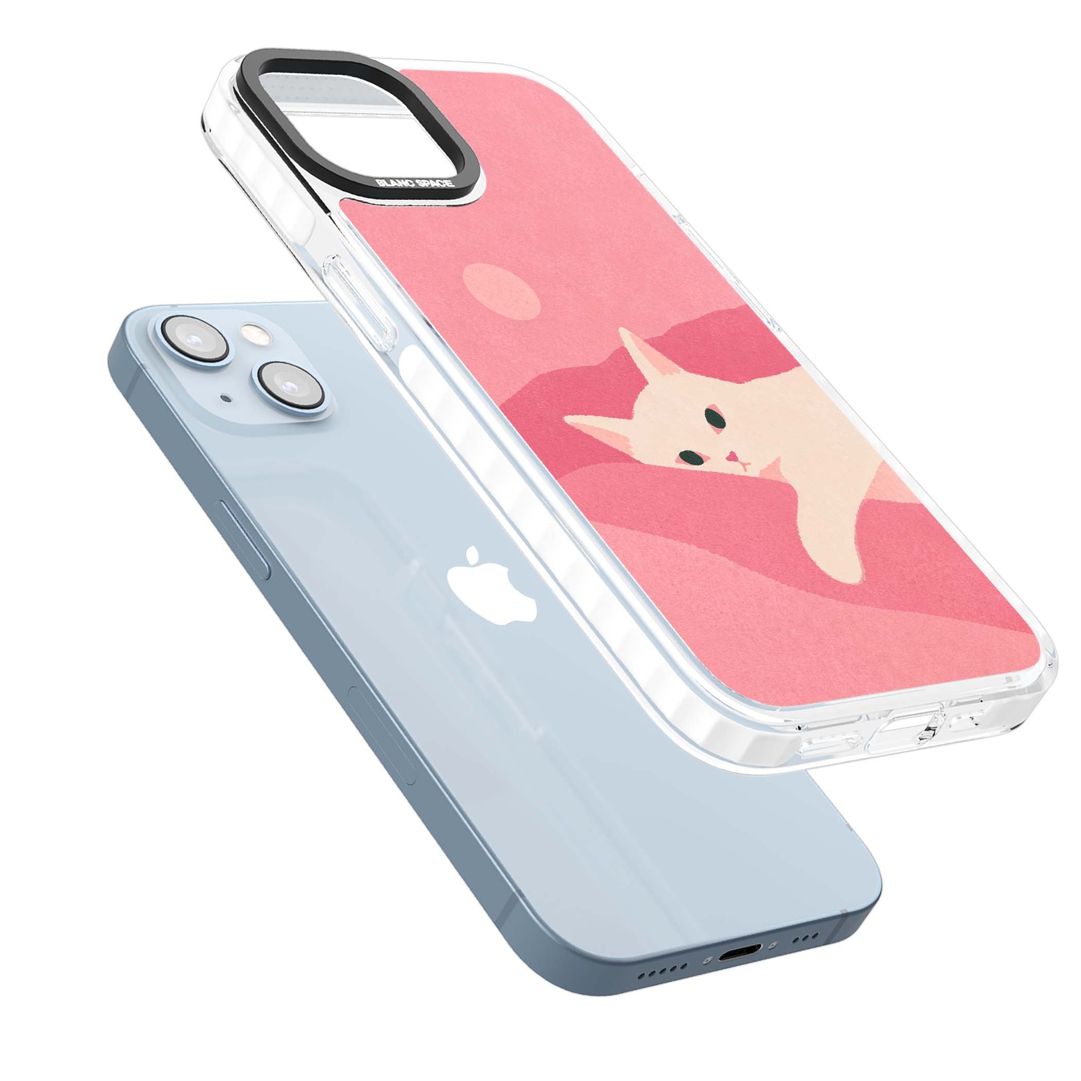 Pink Dreams cute cat iPhone case featuring a white kitten, soft pink hills and a pale pastel sun | Impact Magsafe case for iPhone 13, iPhone 14, iPhone 15