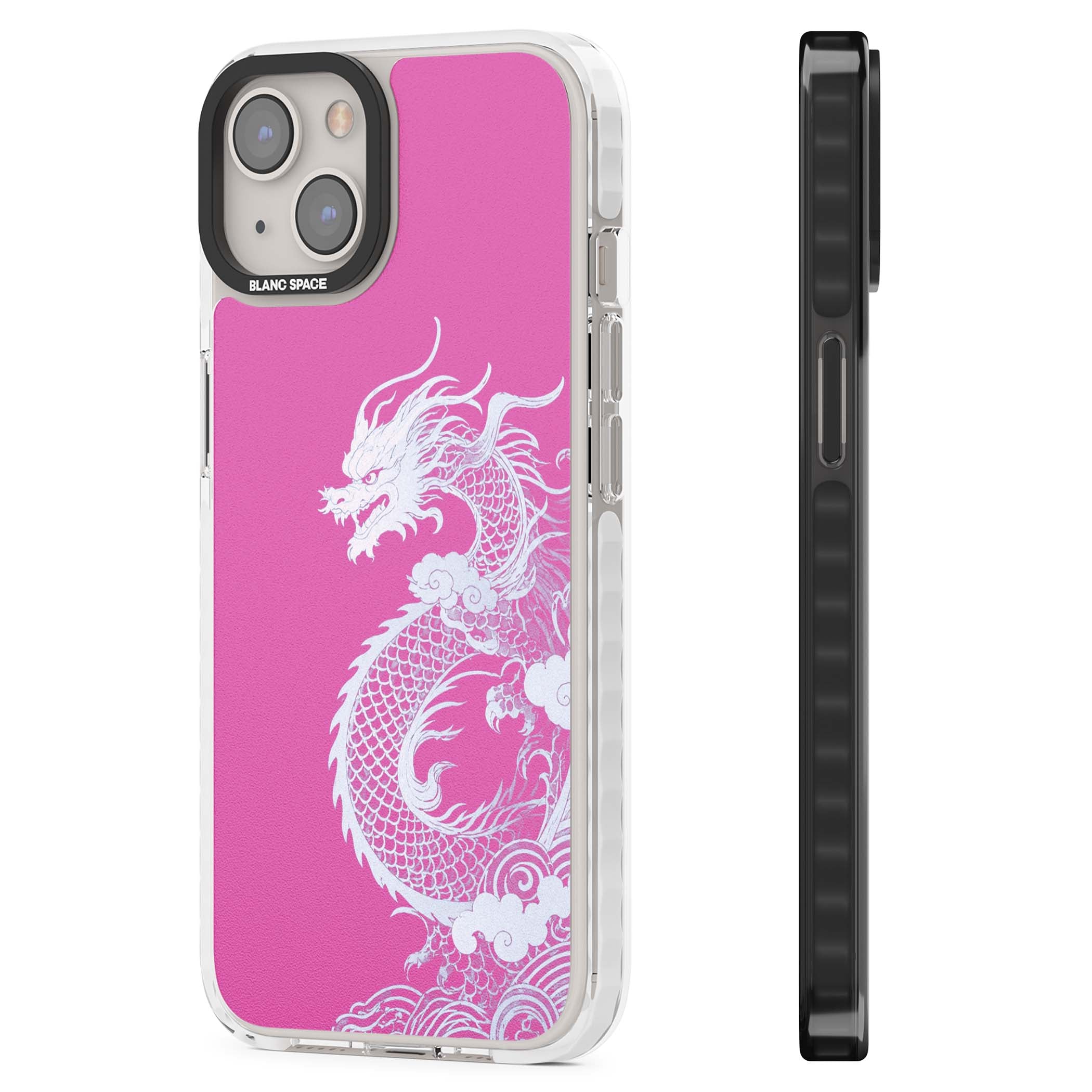Pink Empress chinese dragon iPhone case featuring a white dragon, swirling clouds and pink dragon wallpaper backdrop | Impact Magsafe case for iPhone 13, iPhone 14, iPhone 15