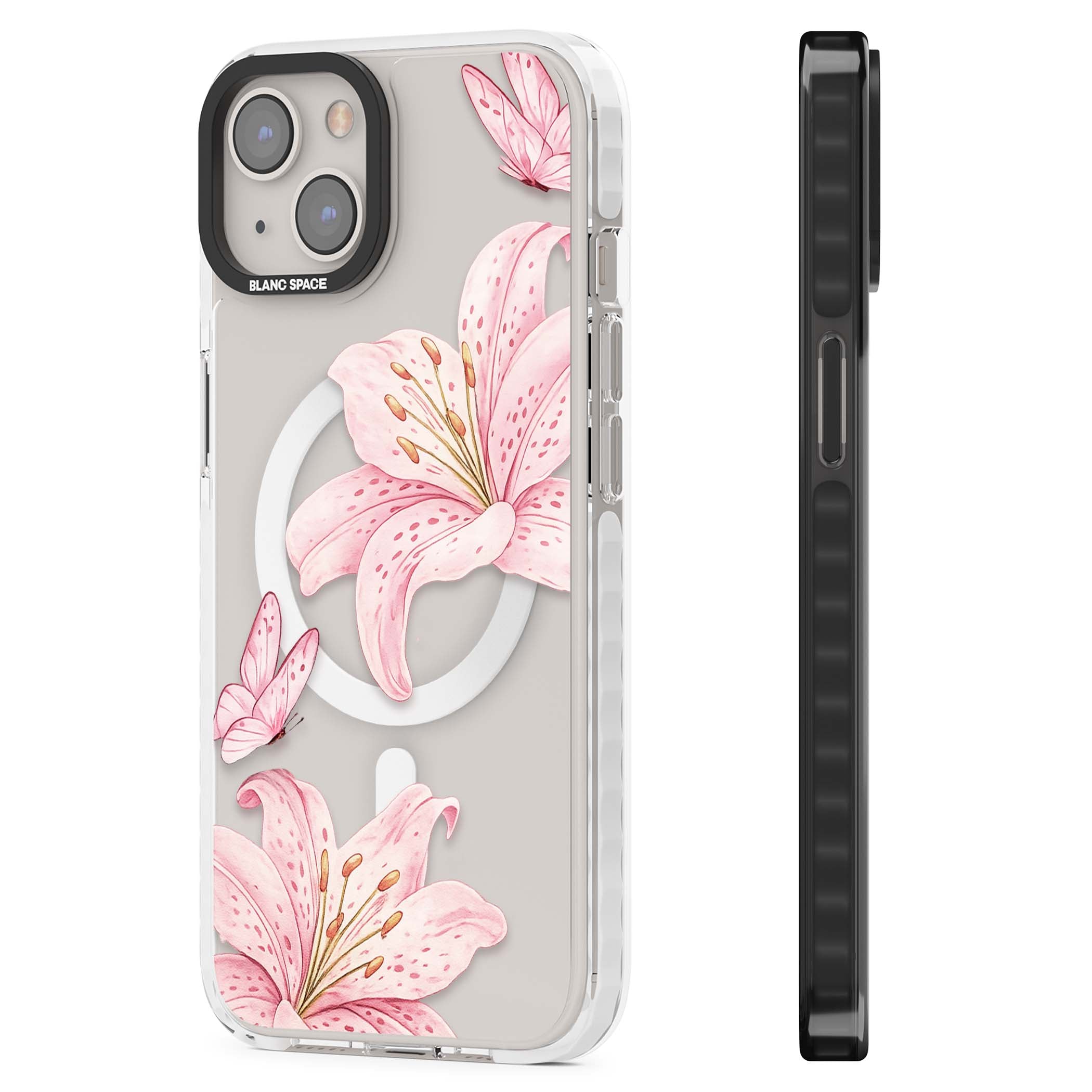 Lily Whisper floral iPhone case featuring pink watercolour lilies and delicate butterflies on a clear background | Impact Magsafe case for iPhone 13, iPhone 14, iPhone 15