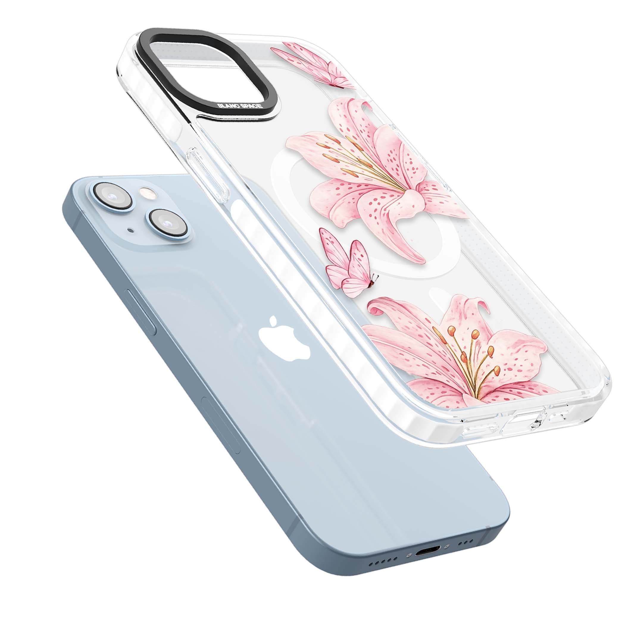 Lily Whisper floral iPhone case featuring pink watercolour lilies and delicate butterflies on a clear background | Impact Magsafe case for iPhone 13, iPhone 14, iPhone 15