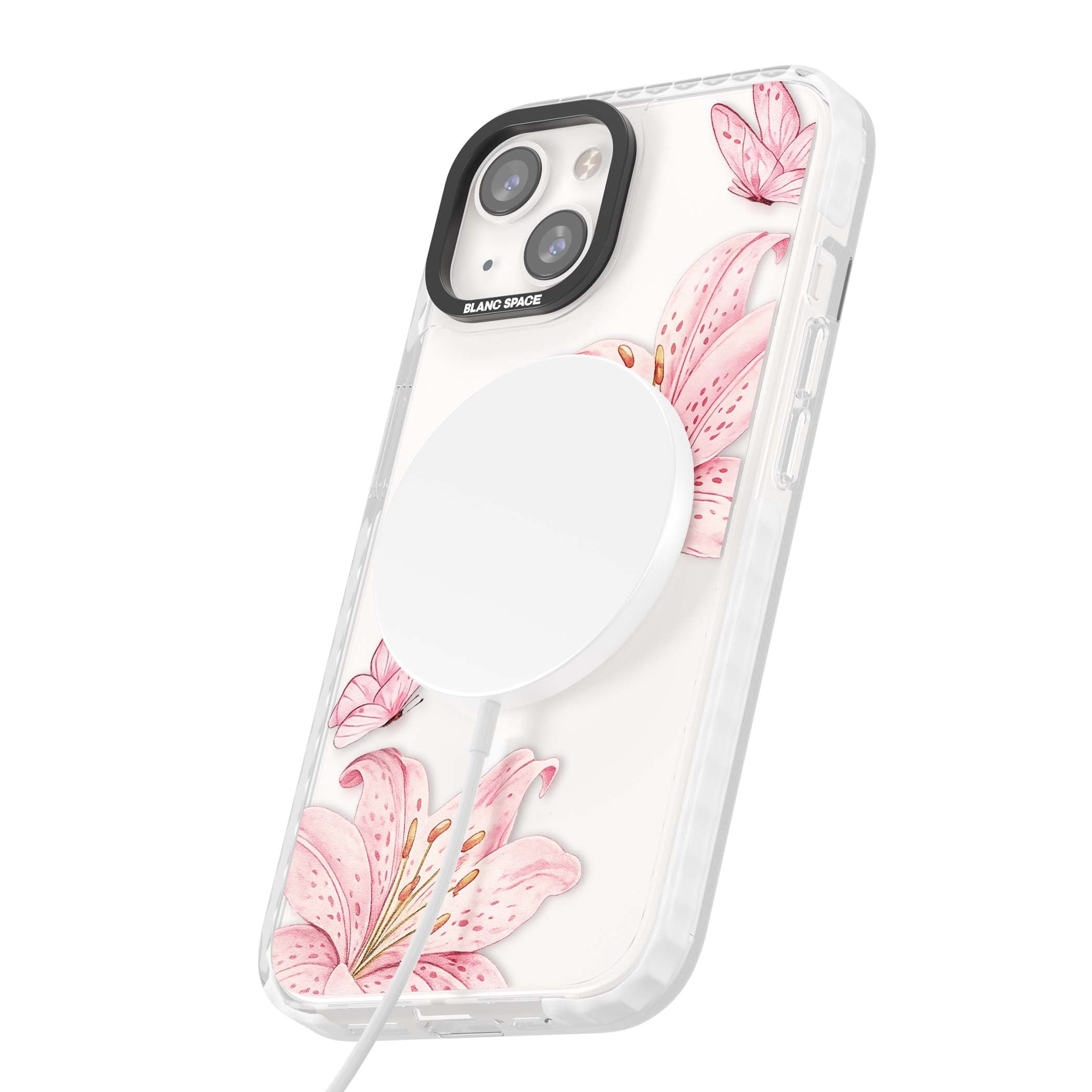 Lily Whisper floral iPhone case featuring pink watercolour lilies and delicate butterflies on a clear background | Impact Magsafe case for iPhone 13, iPhone 14, iPhone 15