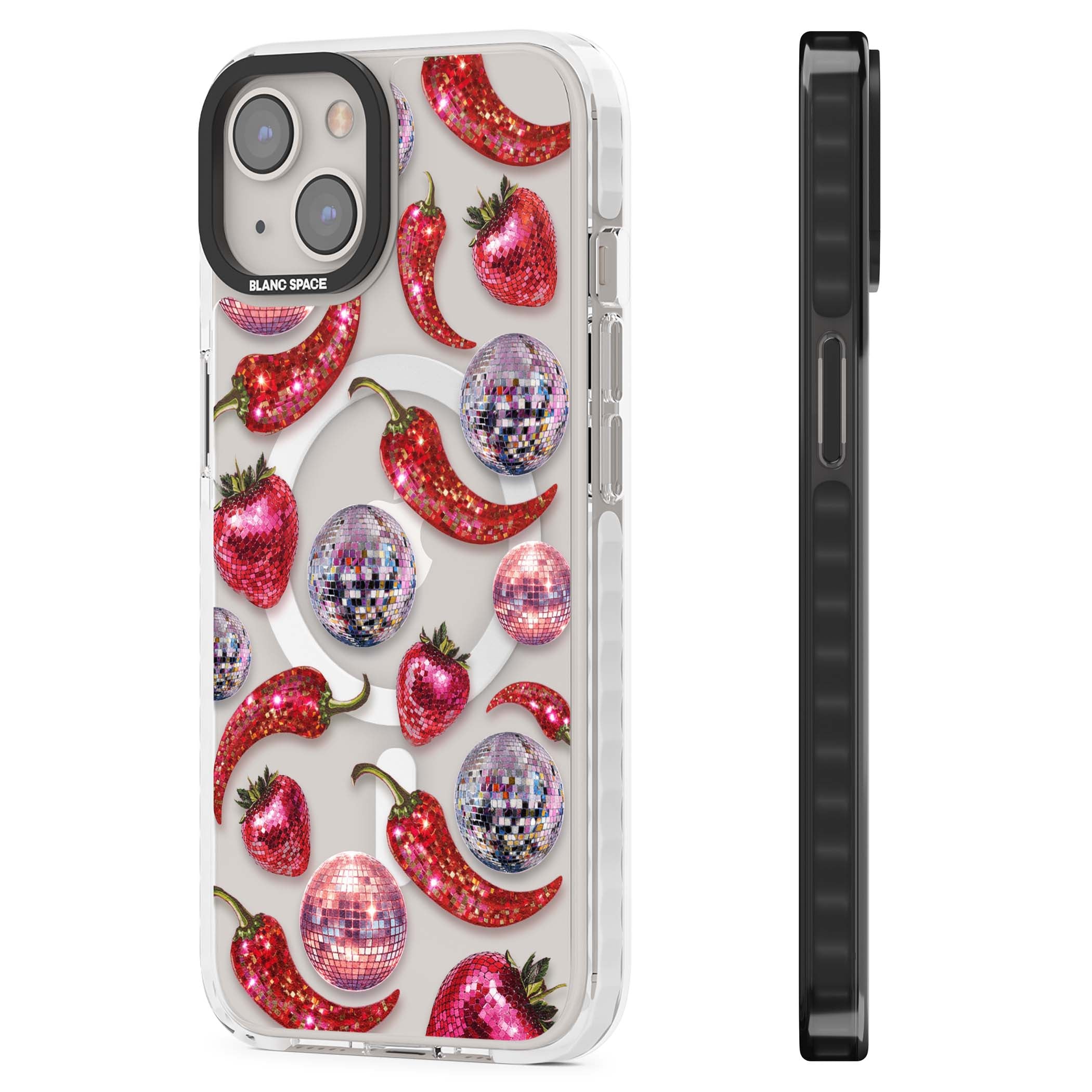 Spicy Disco Y2K iPhone case featuring glitter disco balls, sparkly strawberries and red chilli peppers | Impact Magsafe case for iPhone 13, iPhone 14, iPhone 15