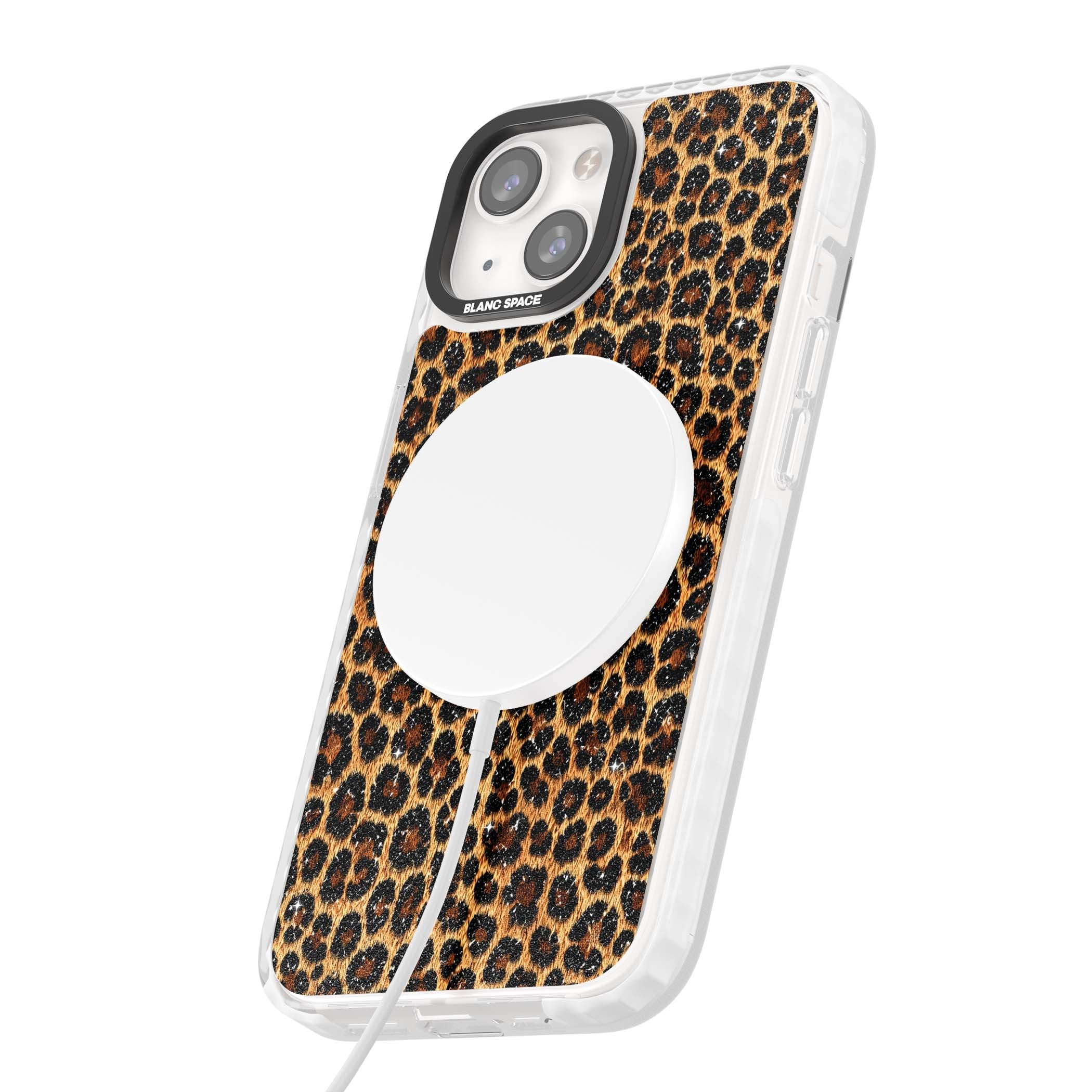Diamond Leopard leopard print iPhone case featuring golden tan fur, black rosette spots and subtle glitter sparkle | Impact Magsafe case for iPhone 13, iPhone 14, iPhone 15